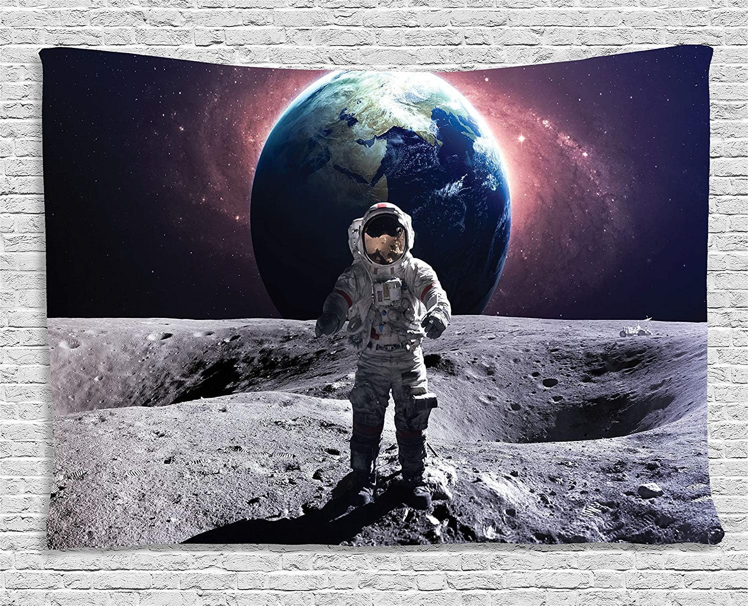 Ambesonne Space Tapestry, Brave Astronaut at the Spacewalk on the Moon Surface with Earth Cosmos Art Image, Wide Wall Hanging for Bedroom Living Room Dorm, 80" X 60", Grey Magenta