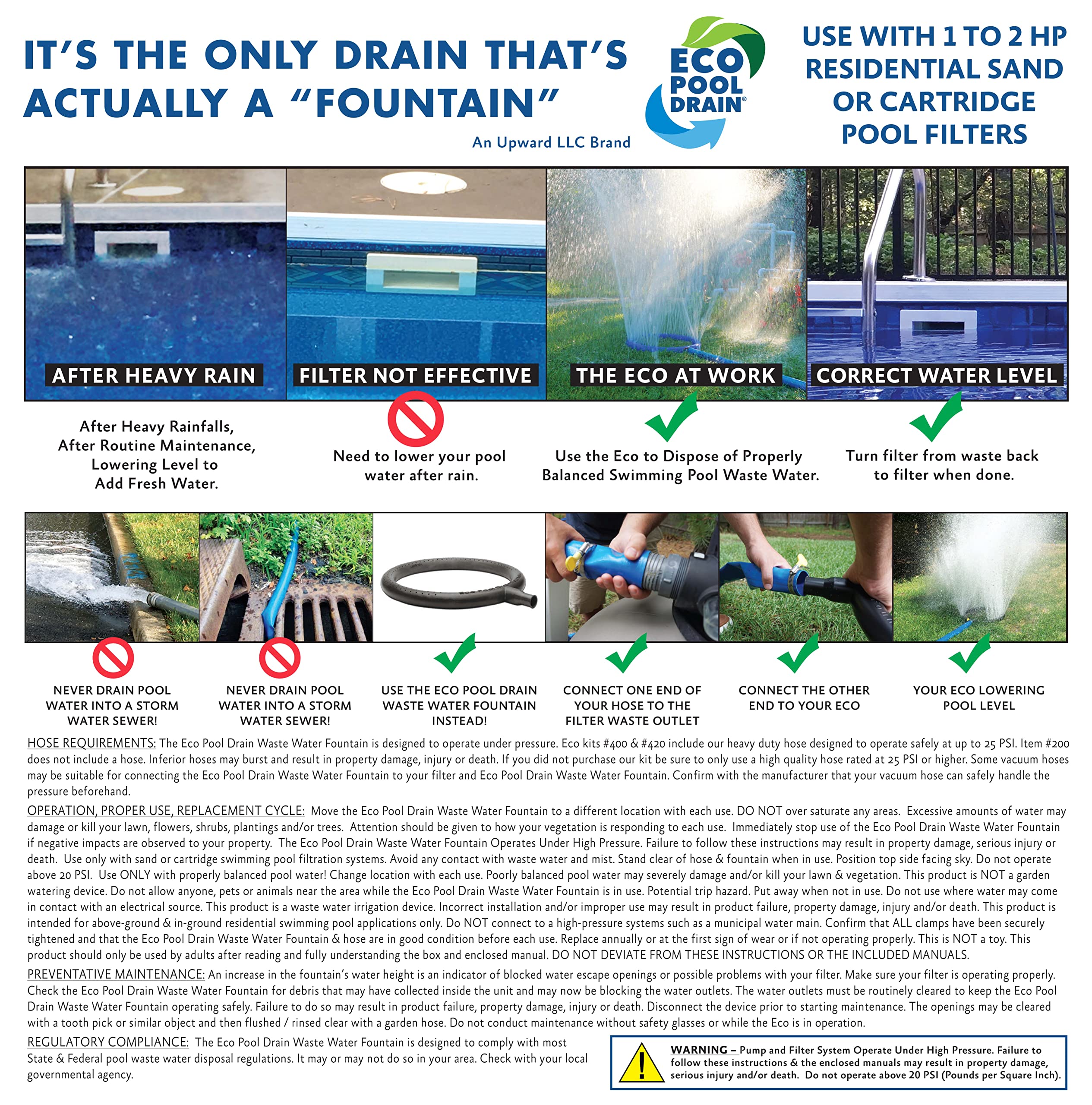 Fuente de reciclaje de agua residual y lavado trasero de piscina con 1 abrazadera de manguera de acero inoxidable (solo fuente, no es un kit, para piscinas filtradas de arena y cartucho)