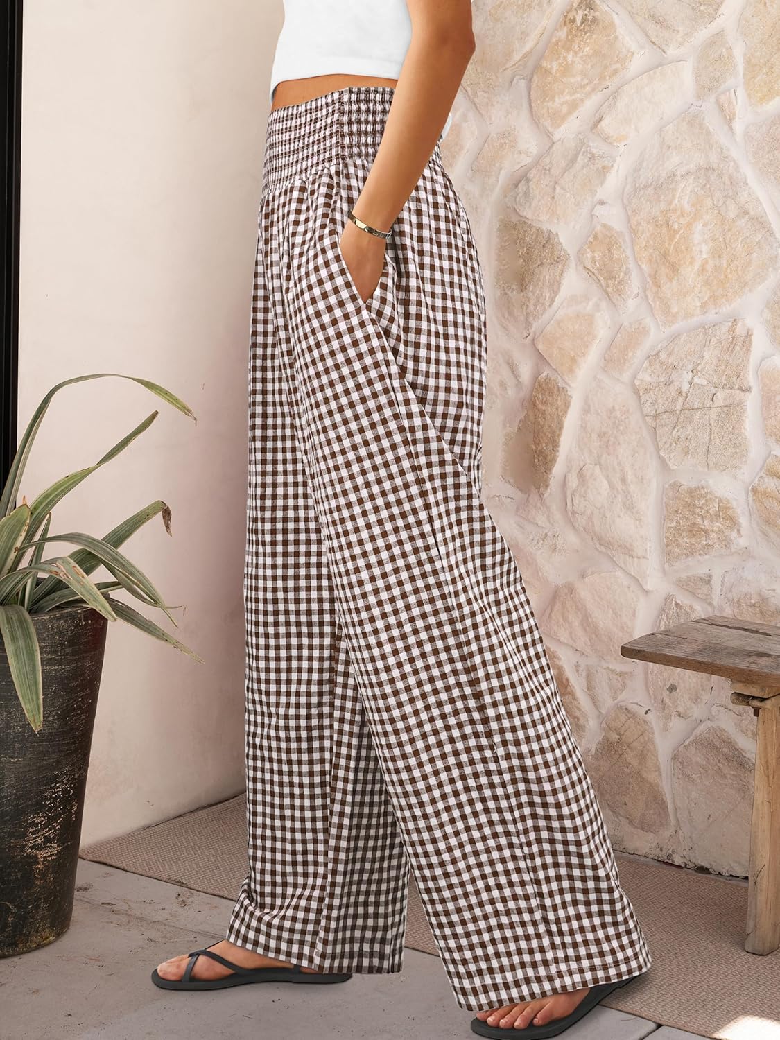 ANRABESS Womens Striped Gingham Palazzo Pants Wide Leg High Waisted Lounge Pajama Pants Cute Casual Trousers with Pockets - Image 3