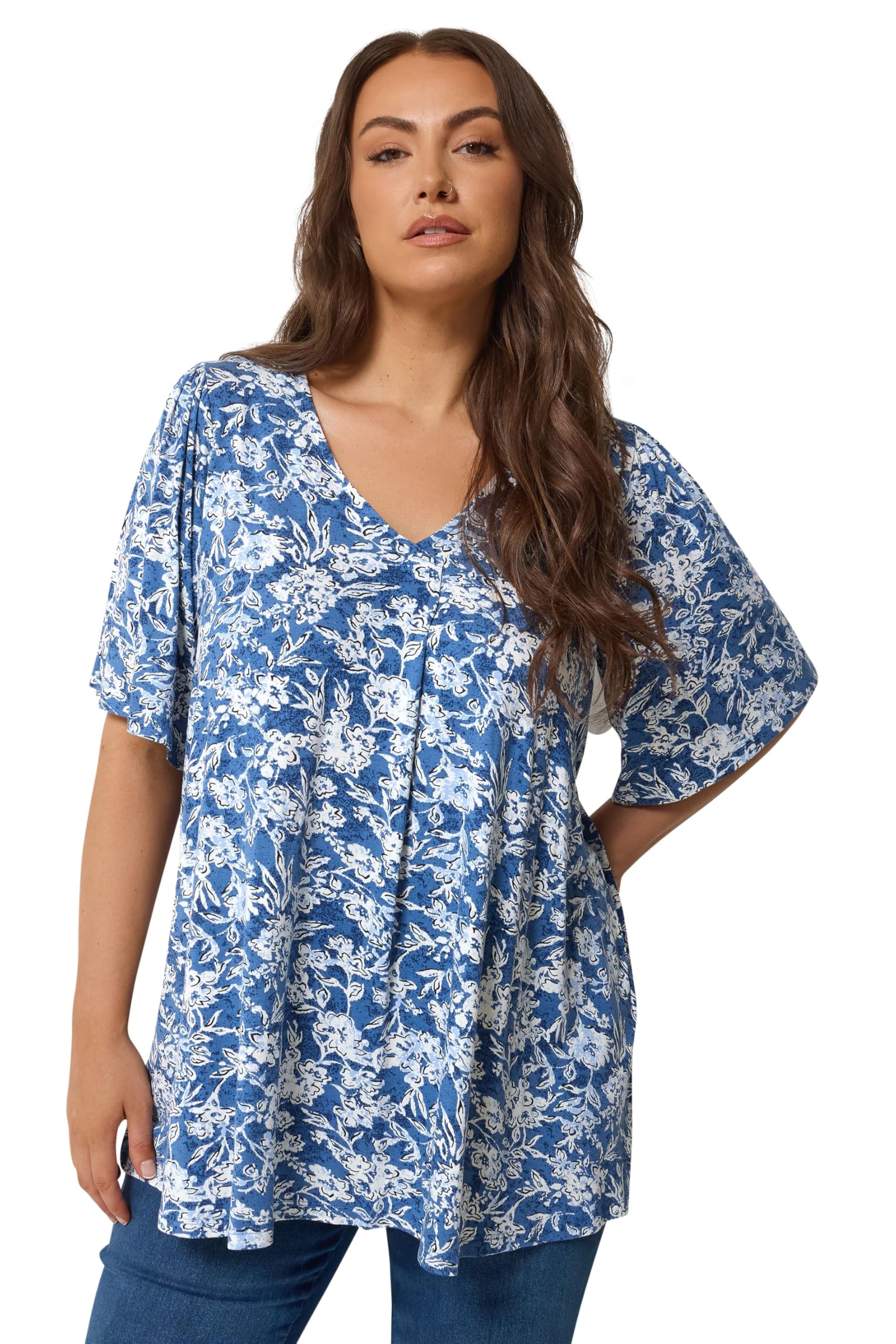 Yours Women's Cobalt Abstract Floral Pleat Front Top In Size 26-28