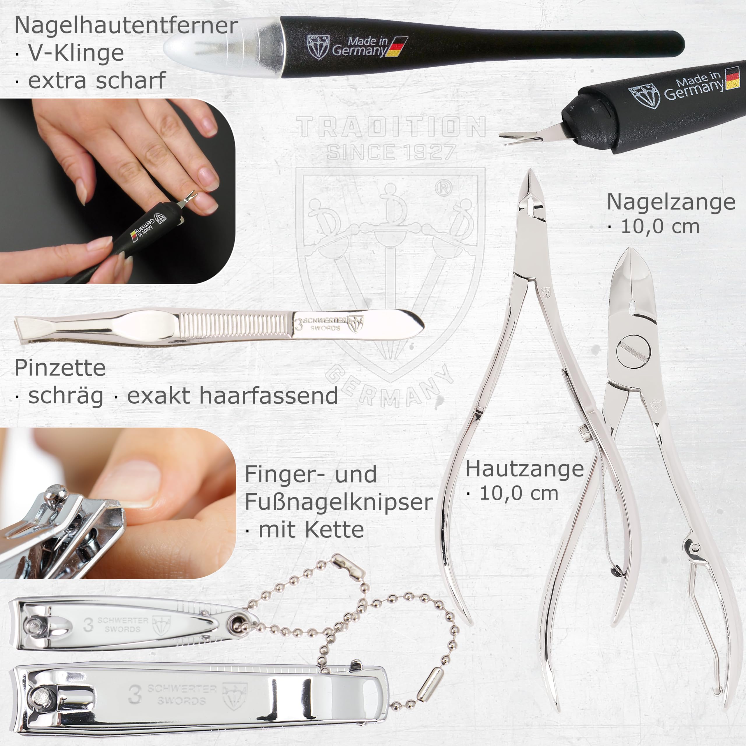 DREI SCHWERTER - Germany 10-częściowy zestaw "Spezia" | Zestaw do manicure i pedicure w etui z ekoskóry w kolorze koniakowym | W zestawie: nożyczki do paznokci, nożyczki do skóry, szczypce do paznokci