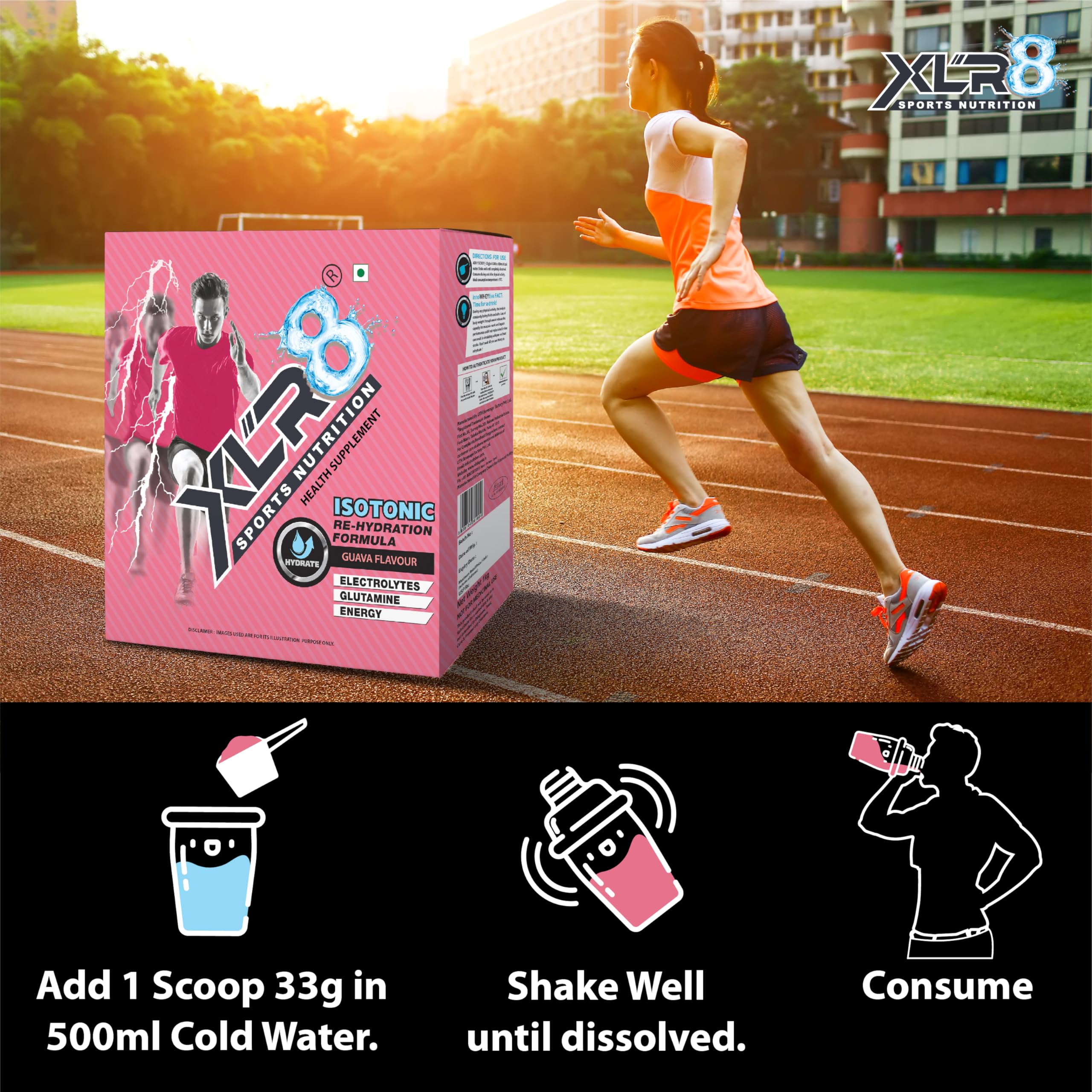 XLR8 Electrolytes Powder 1 Kg (30 Servings) | High Performance Isotonic Sports Hydration & Energy Drink Mix with Sodium, Potassium, Magnesium, Glucose & Glutamine | Instant Rehydration for Workout, Running & Endurance |Guava 3