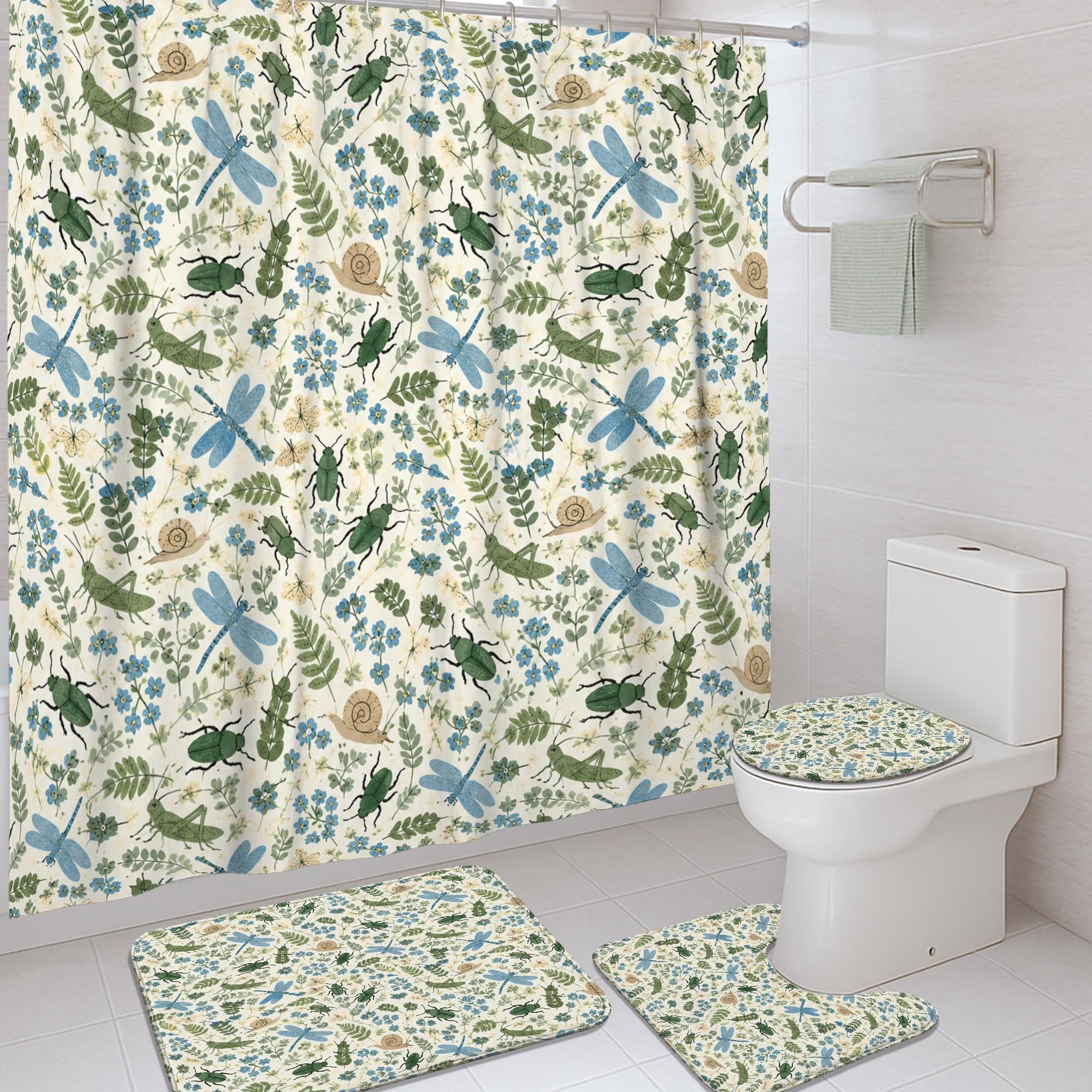 Rideau de douche tissu imperméable vert imprimé libellule 183cm