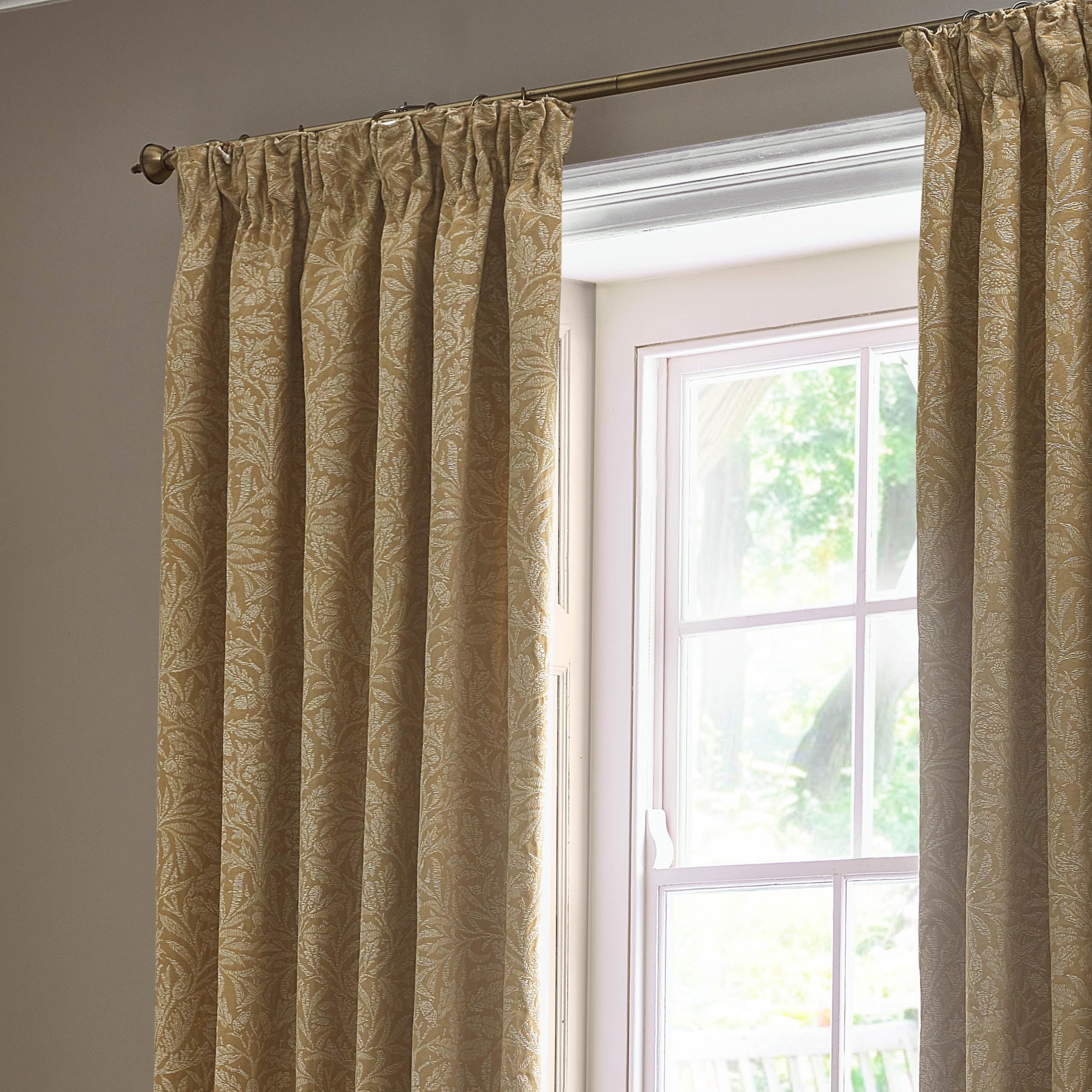 Morris&Co. Acorn Tonal Pencil Pleat Curtain Pair - Lined Matt Jacquard Drapes with Botanical Floral Design (Gold - 168x137cm) - Image 3