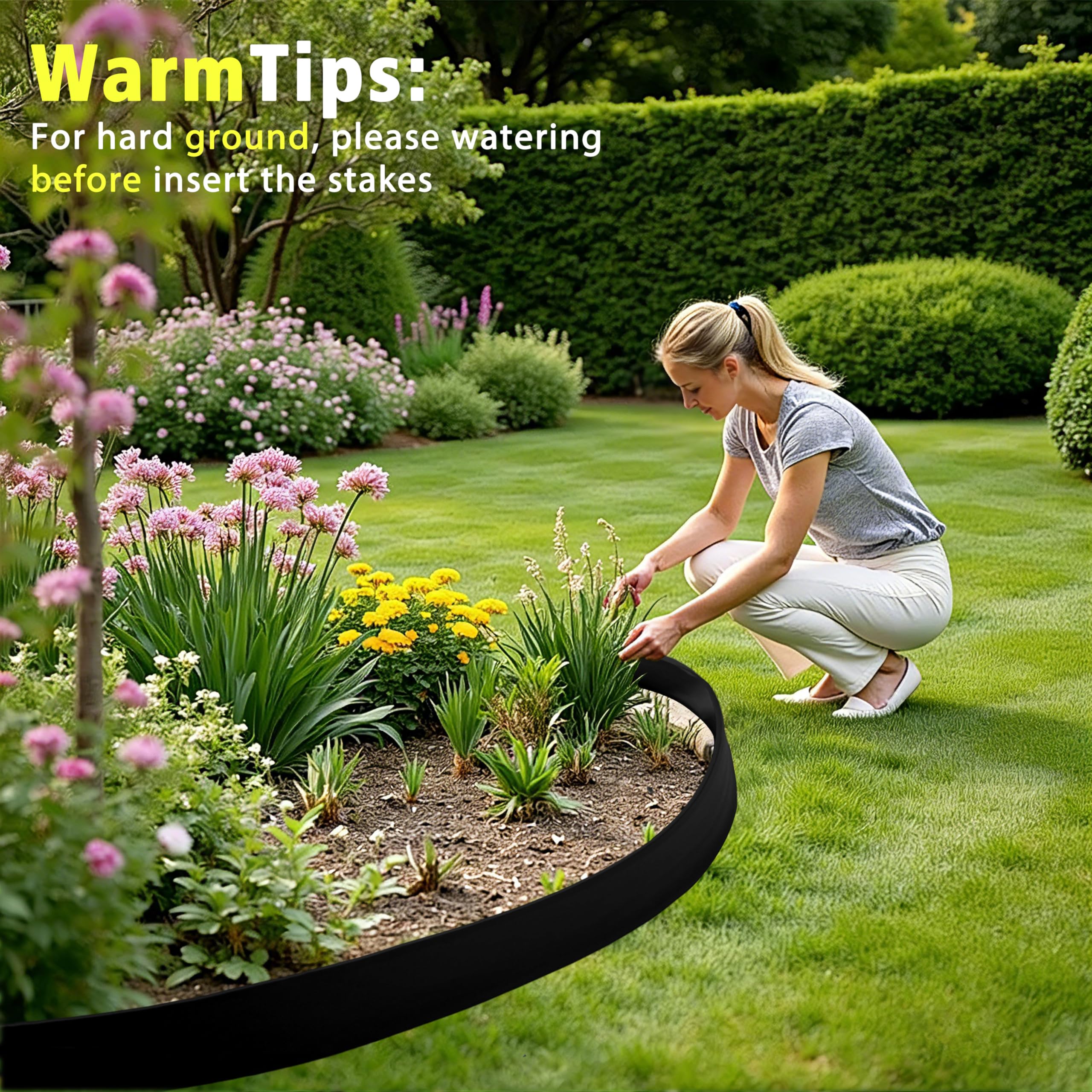 Bordure de Jardin Flexible 10cm,Longueur 10m,Bordure Jardin Exterieur Plastique,avec 30 piquets et 2 connecteurs + 1 Marteau (Bord Lisse, 10cmx10m)