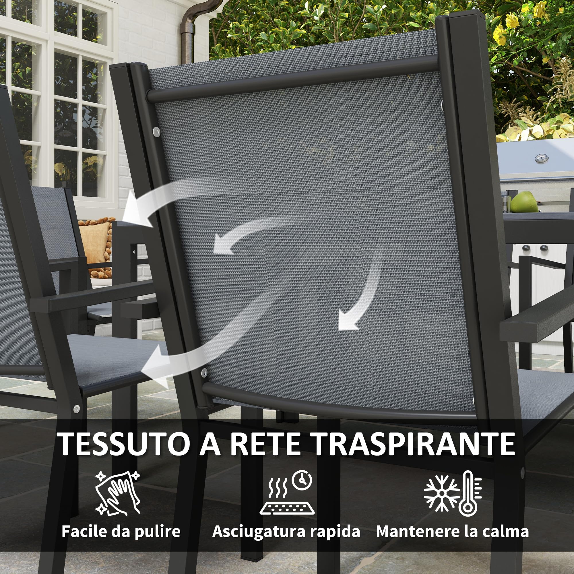 Outsunny Set Tavolo da Giardino con Sedie da 7 Pezzi, Set da Pranzo con Tavolo Rettangolare, 6 Sedie da Esterno Impilabili, Set di Mobili in Acciaio Texteline, Grigio Chiaro