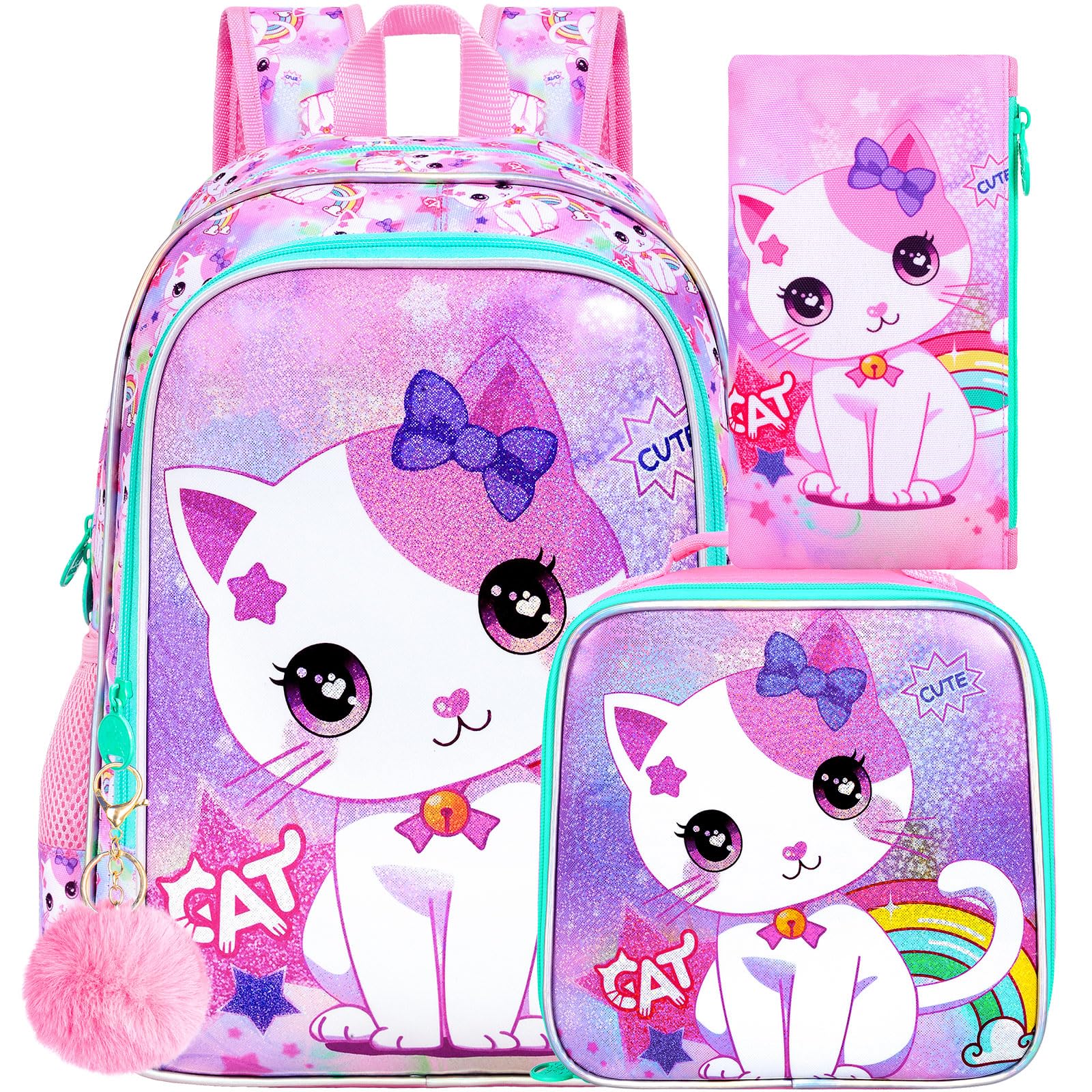 3PCS Girls Cat Backpack 16 Kids Bookbag with Lunch Box Water Resistant Elementary School Bag for Preschool Toddler
