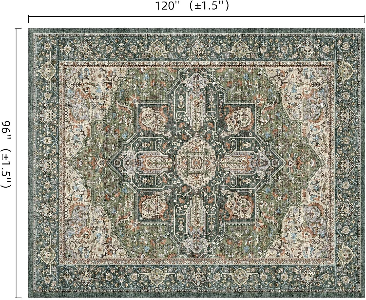 8x10 Area Rugs for Living Room, Washable Boho Non-Slip Vintage Distress Large Rugs for Bedroom Dining Room Nursery Office, 0.3" Neutral Oriental Throw Thin Carpet, Green/Multi