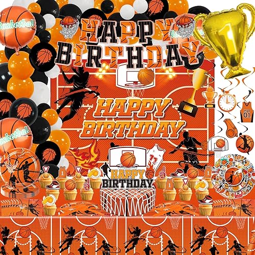 Juego de 196 piezas de decoración de fiesta de cumpleaños temática de baloncesto, incluye kit de globos, platos, servilleta, taza, tenedor, disponible en Yaxa Peru