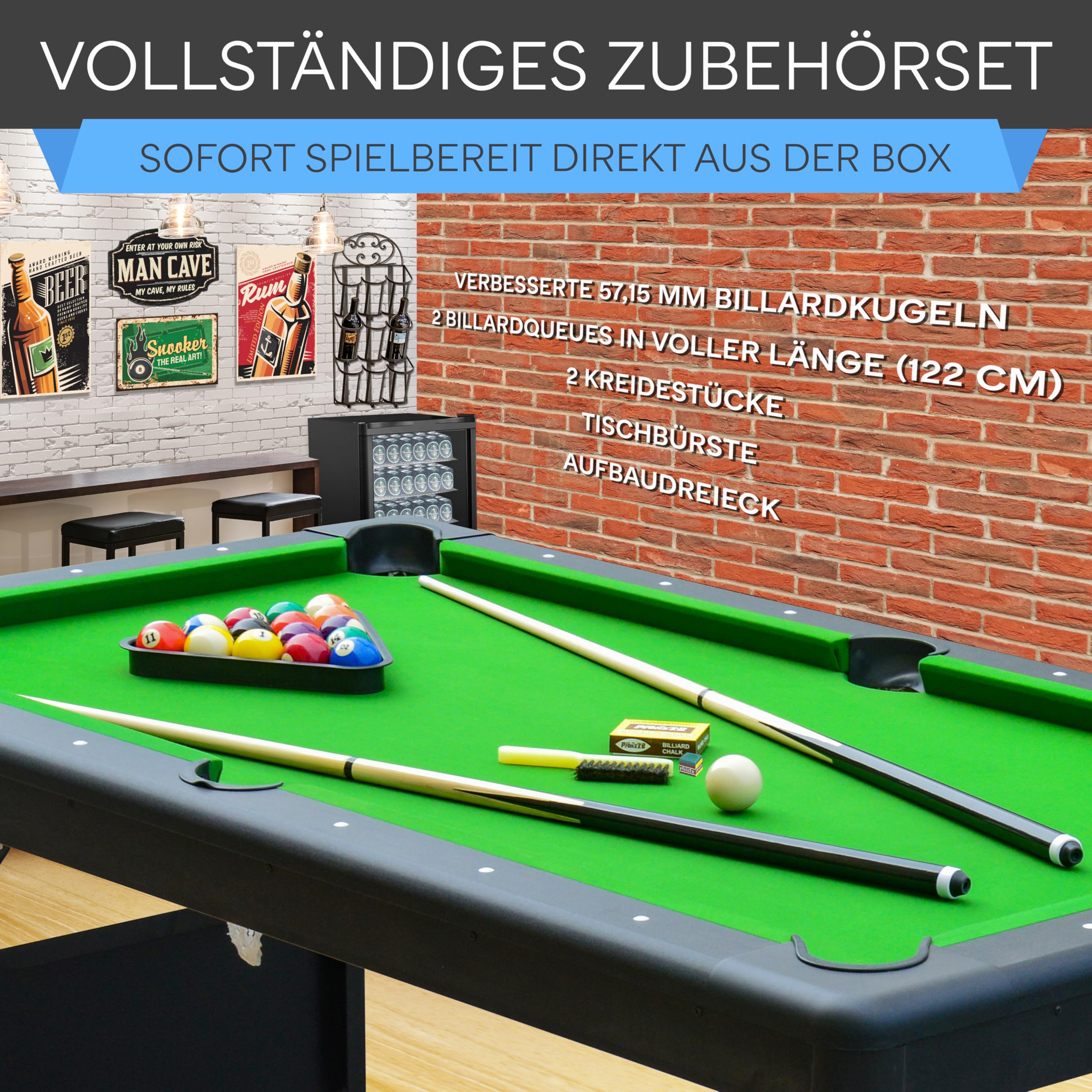 SereneLife 6-Fuß Klapp-Pooltisch – Tragbarer Billardtisch – Inklusive 2 Queues, vollständigem Ballset, Kreide, Bürste – Klappbarer Pooltisch für Kinder und Erwachsene