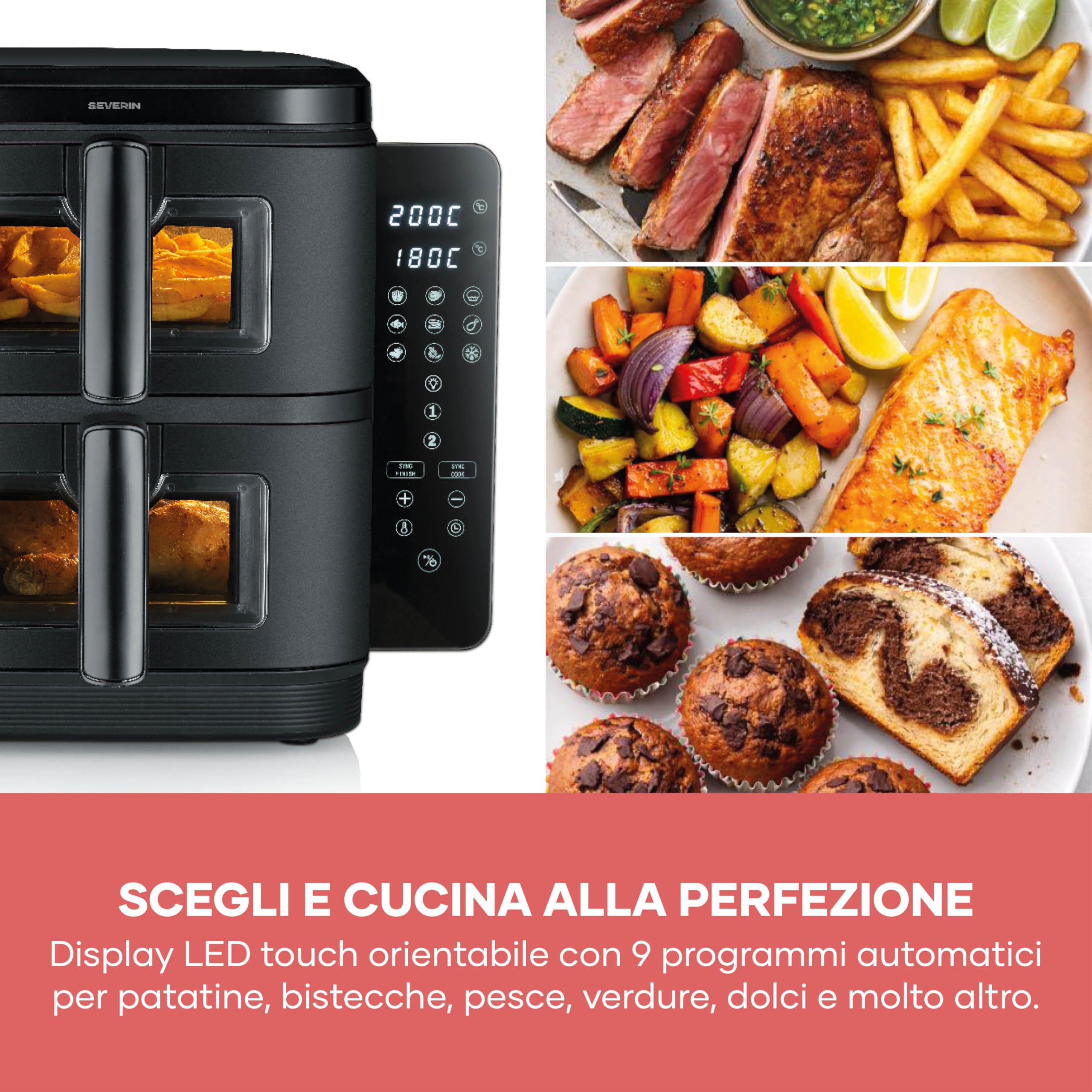 SEVERIN Friggitrice ad Aria Calda Duo Stack, 2800 W, Capacità 11 L (2x 5,5 L), Salvaspazio Verticale, 9 Programmi Automatici, Sync Cook e Finish, S-Fry, Nero - FR 9598