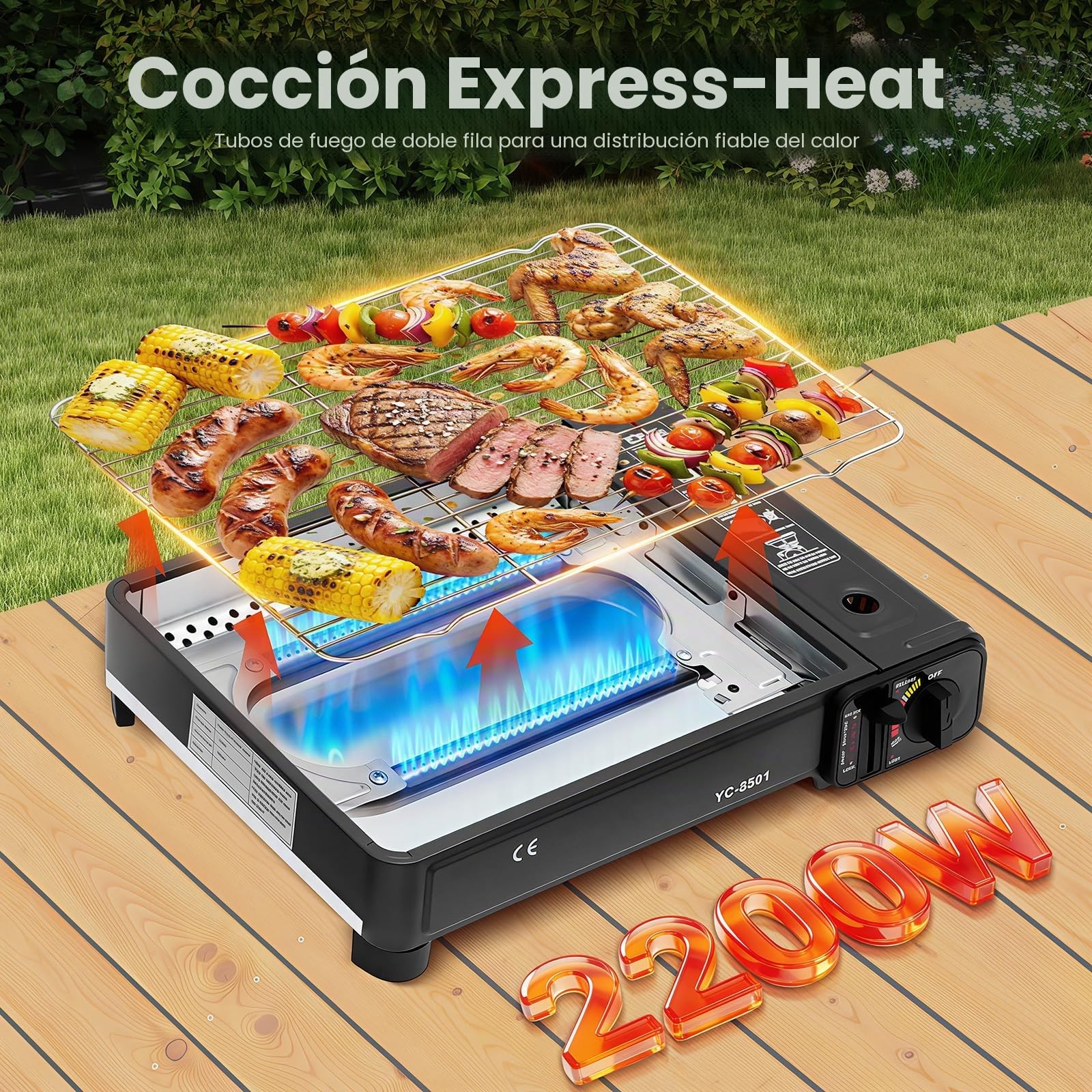 Barbacoa de gas 2 en 1 para camping con 2 placas de barbacoa y bolsa de transporte, barbacoa portátil de gas, parrilla de gas, pequeña y compacta para picnic, balcón, jardín, incluye pinzas, pinchos y