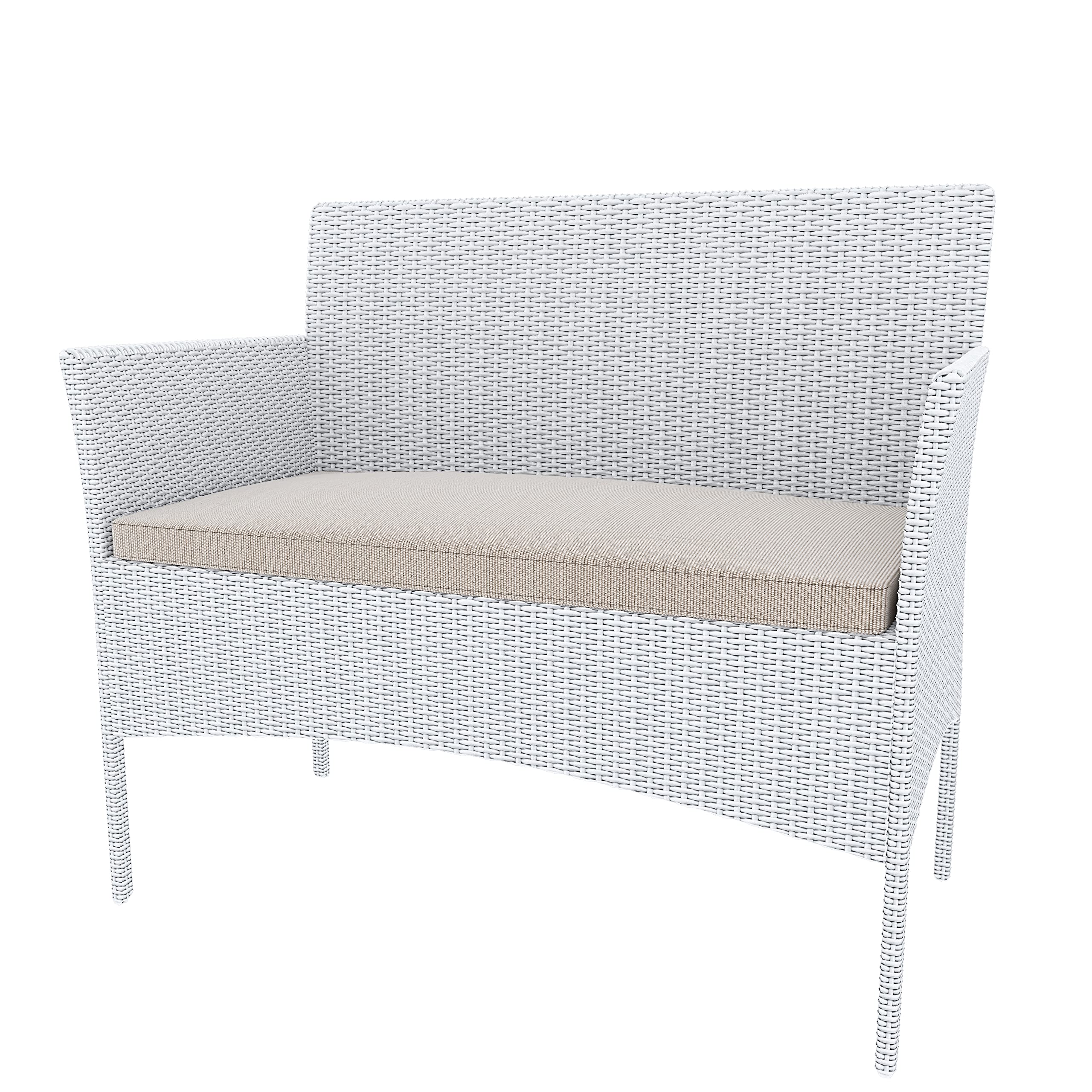 Arreditaly Ensemble de meubles de jardin salon salon en rotin 4 places avec table basse et étagère en verre 2 fauteuils et canapé 2 places pour jardin extérieur piscine coussins amovibles (blanc)