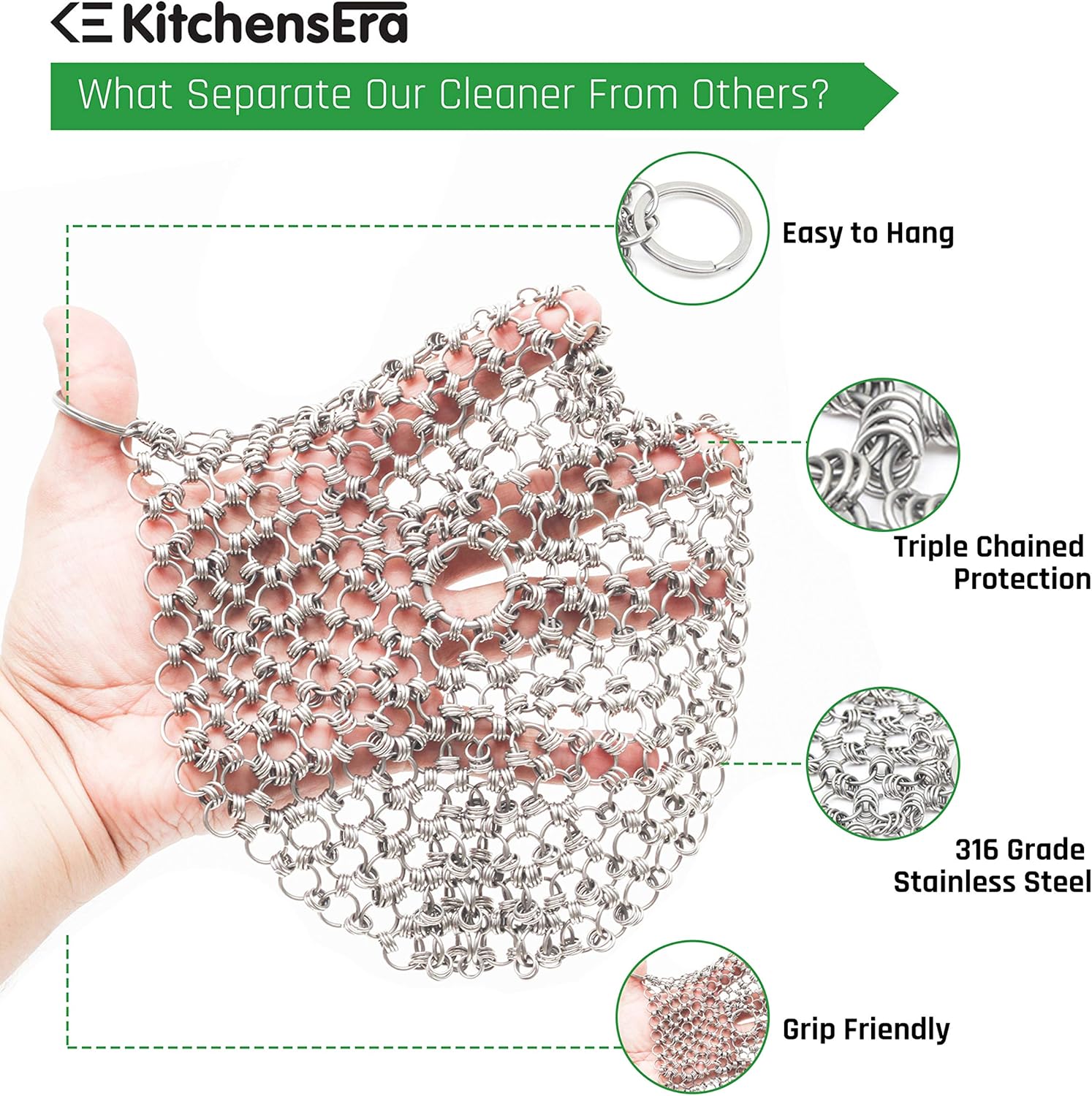 Kitchensera Cast Iron Skillet Cleaner 7x7 Inch Triple-Chained Design - Superior Quality 316 Grade Stainless Steel Chain Mail Scrubber Cast Iron Smithy - Easy Cleaning for Pans, Dutch Ovens, & Grills : Health & Household