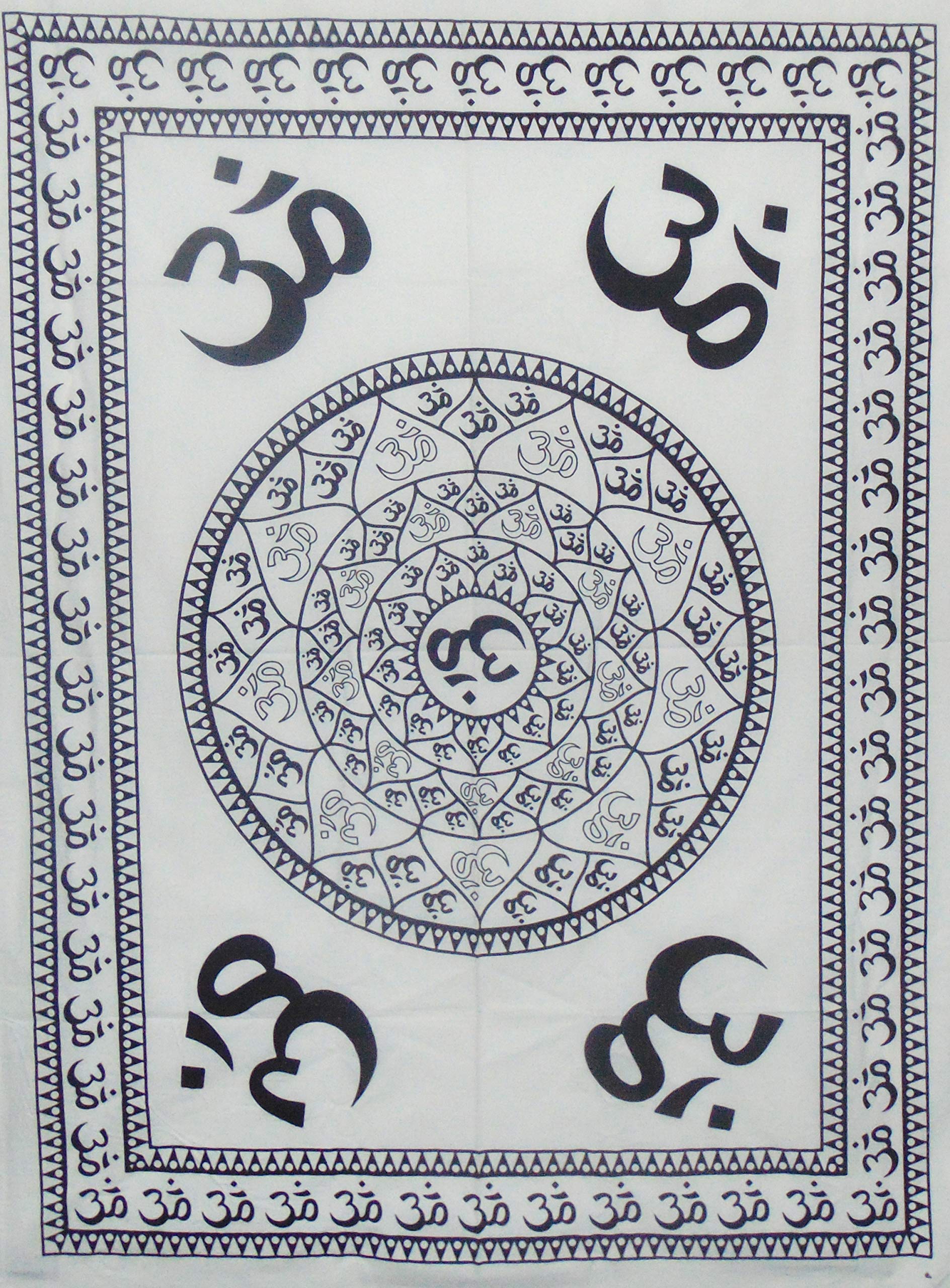 Khadgatta Handicrafts Tapestry Lovers 4 Corner OM Mandala Psychedelic Hippie Boho Bohemian Printed Wall Hanging Cotton Room Lounge Window Decoration Poster (Black and White, 40 X 30 Inches)