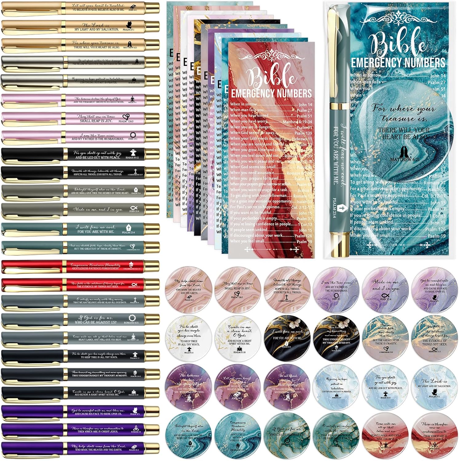 25 Sets Women Christian Gifts Bulk Bible Verse Gel Pens Religious Compact Mirrors Emergency Bookmarks for Mother Grandmother Daughter Bible Study Group (Watercolor)