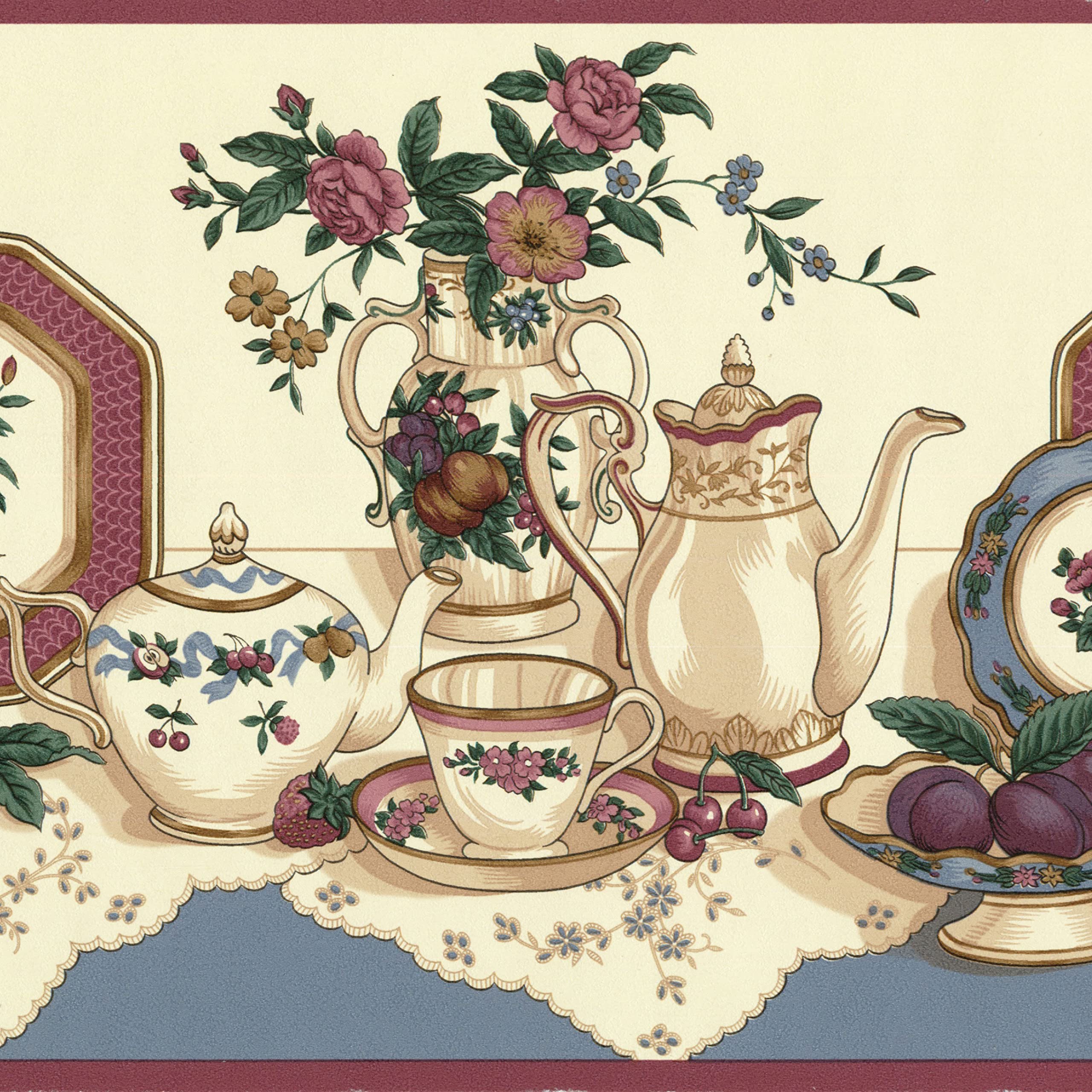 Frise de papier peint motif vaisselle fruits fleurs beige violet bleu