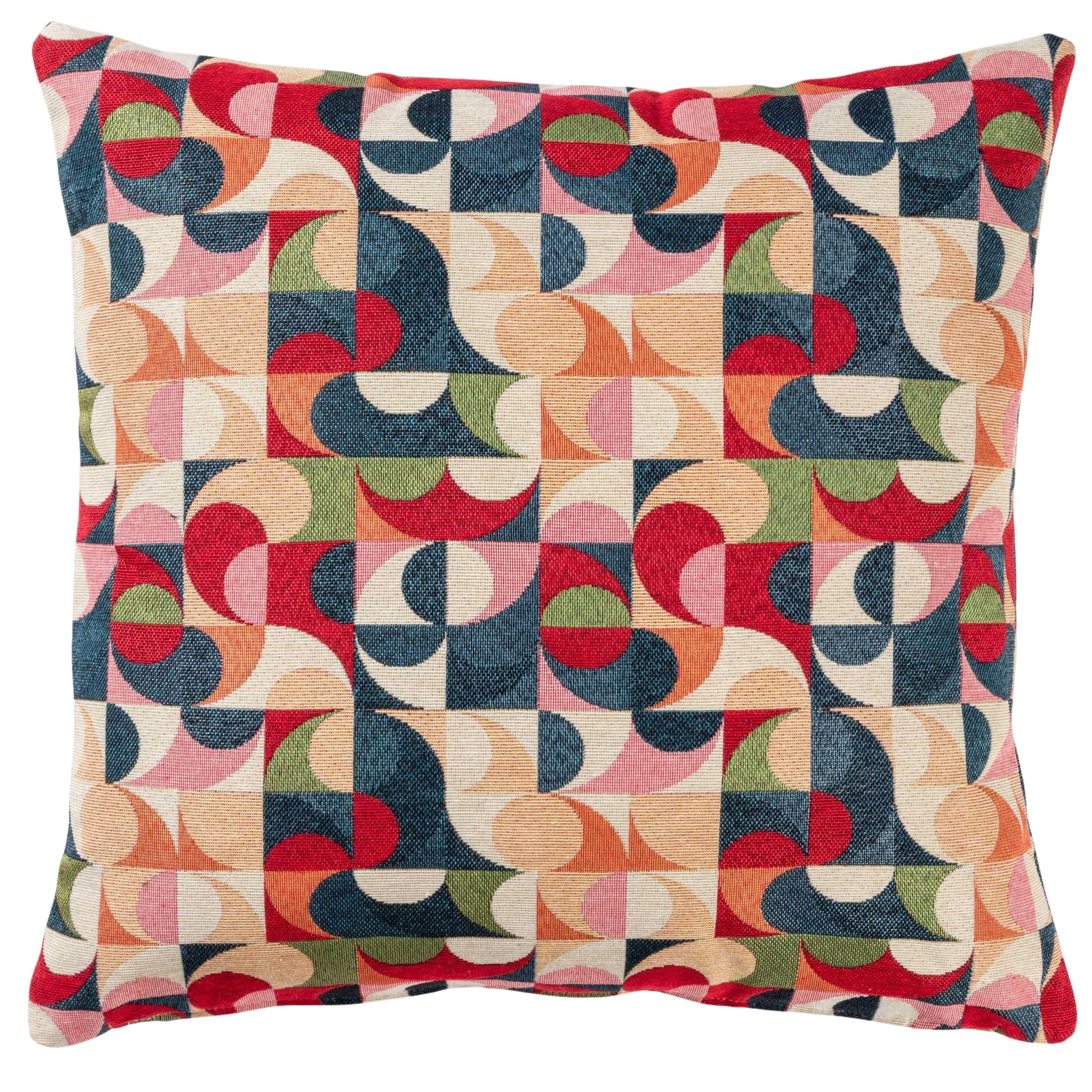 Linen Loft Multicoloured Moderna Tapestry Cushion. Navy Blue, Red, Olive Green, Blush Pink, Orange & Cream Geometric Curve Design. 17X17 Square Cushion Cover
