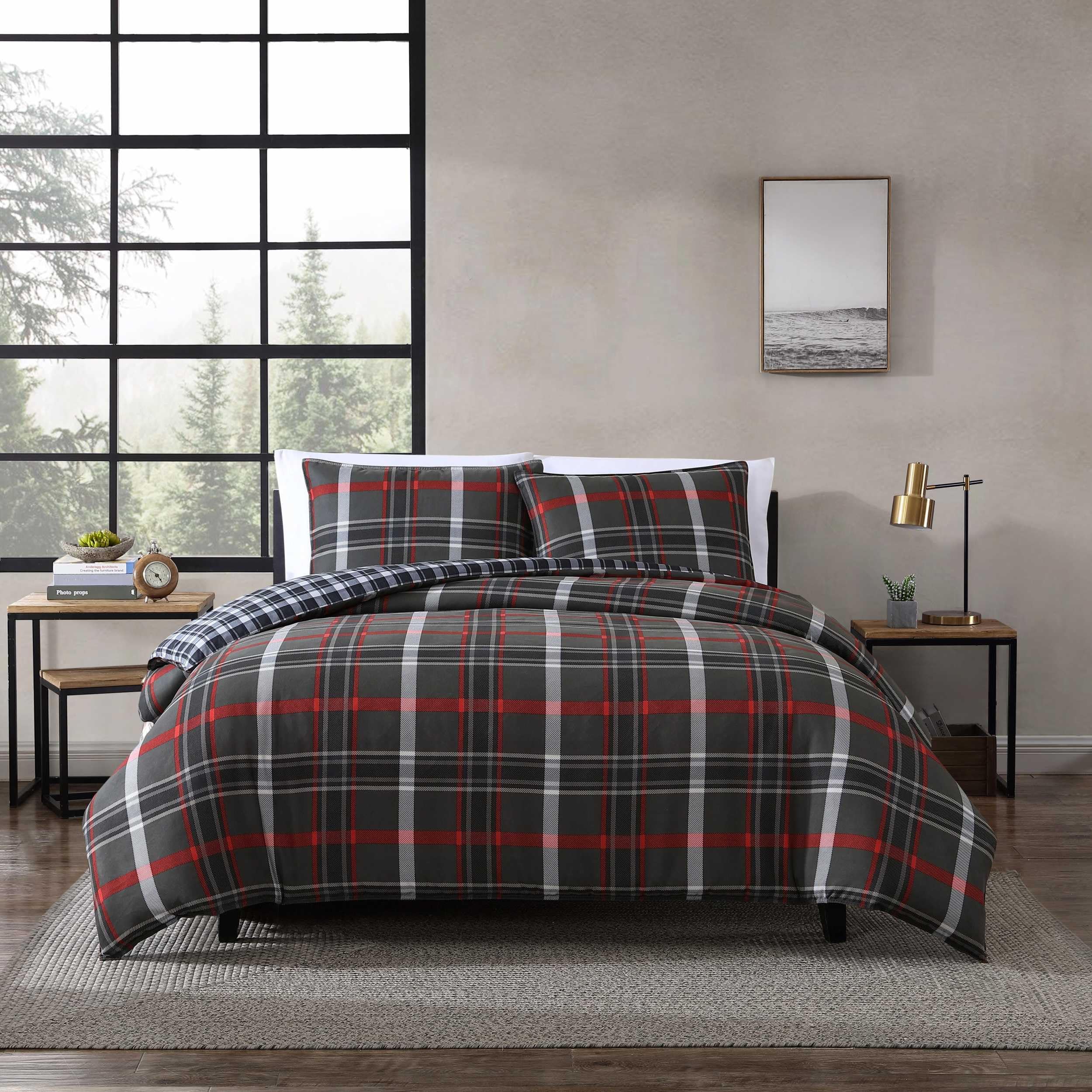 Eddie Bauer - King Duvet Cover, Reversible Bedding Set with Matching Shams, Bedding Set (Willow Plaid Grey, King)