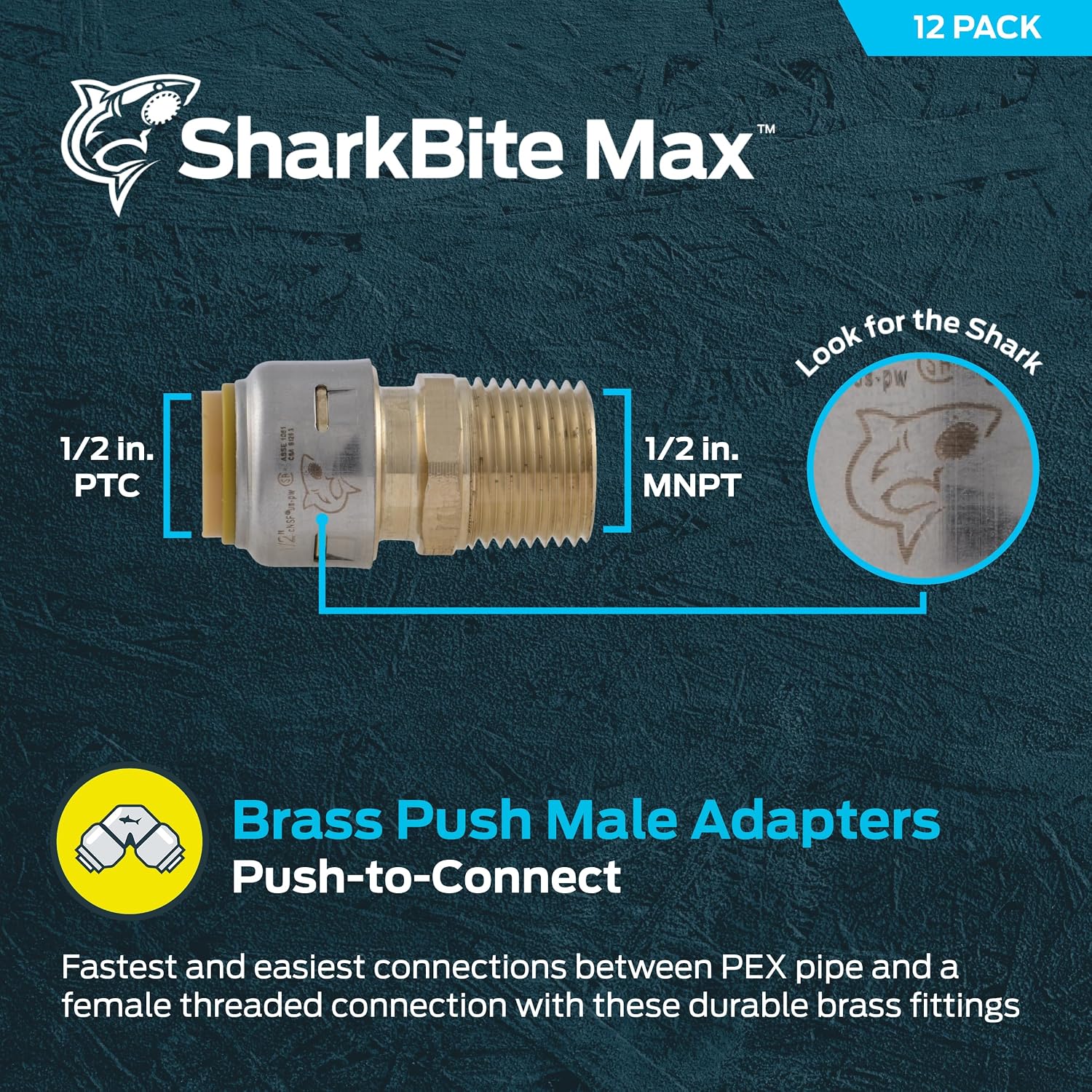 SharkBite Max Male Adapter, 1/2 in Push-to-Connect x 1/2 in MNPT, Pack of 12, Brass Plumbing Fitting, UR120