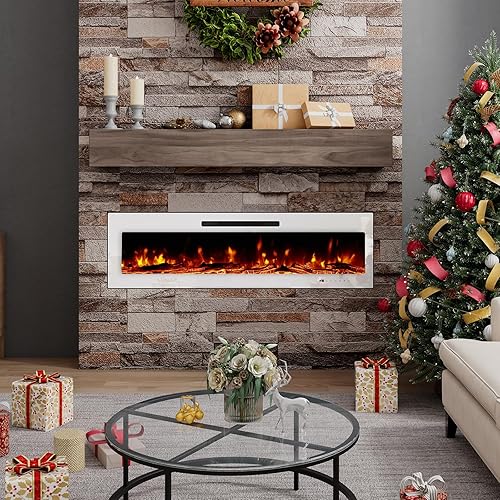 LUXOAK Chimenea eléctrica empotrada y montada en la pared de 60 pulgadas con brillo de llama ajustable, chimenea de espejo independiente con patas,