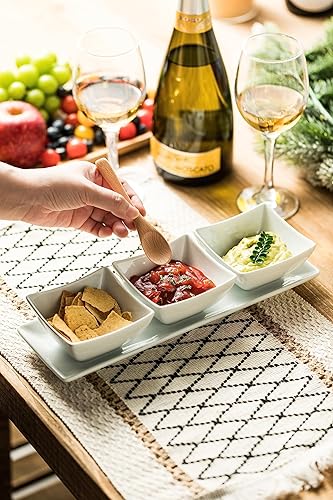 Miniatura 3 de Juego de 3 cuencos de cerámica con bandeja y cucharas, 3 cuencos de inmersión con asas, bandeja de condimentos pequeños para aperitivos, aperitivos,