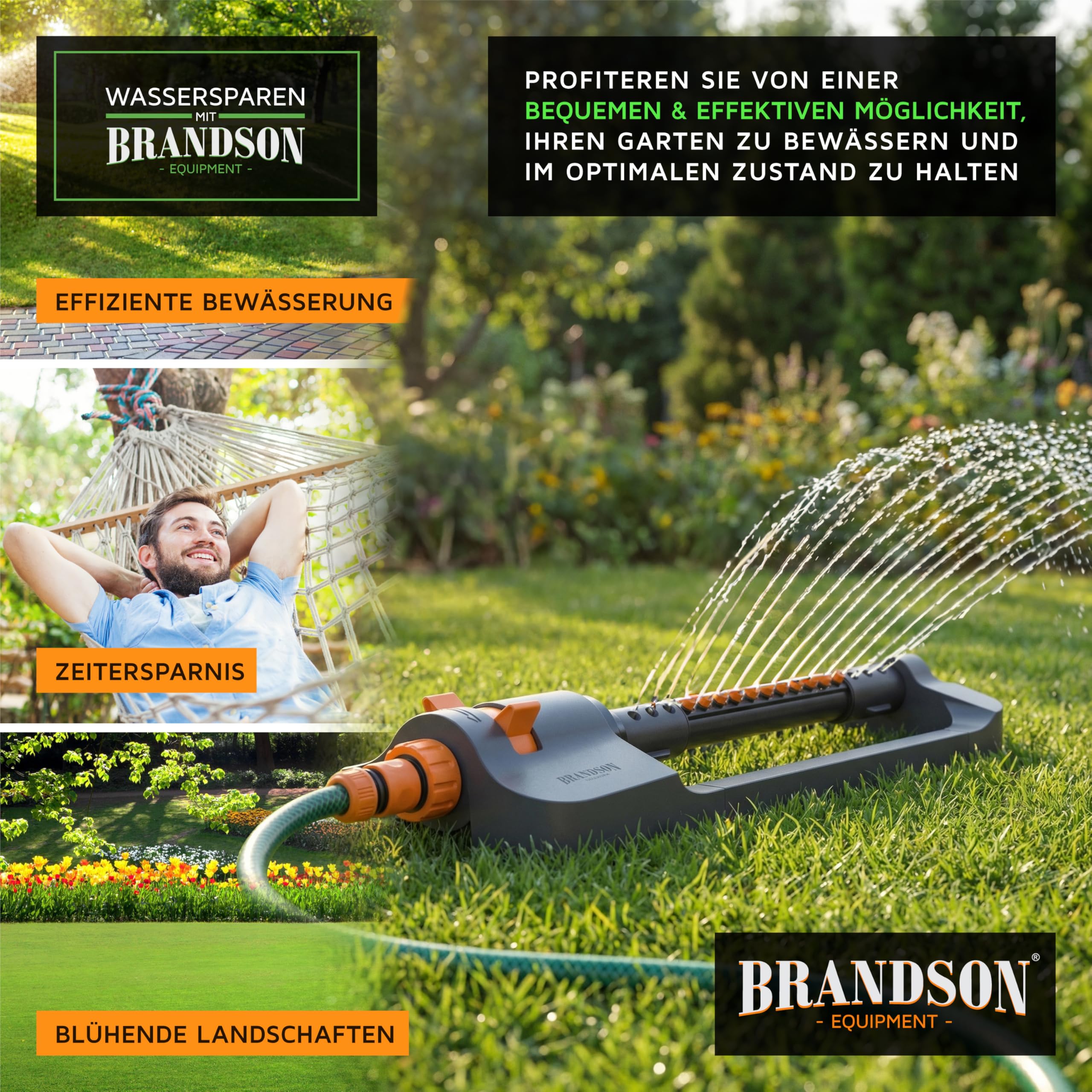 Brandson - Rasensprenger Viereckregner 3/4 Zoll – 17 Düsen (6 separat einstellbar) – für große Flächen – Oszillation 20° bis 140° – Sprengweite bis 15 m - Schnellkupplungsadapter - Garten Rasensprinkl