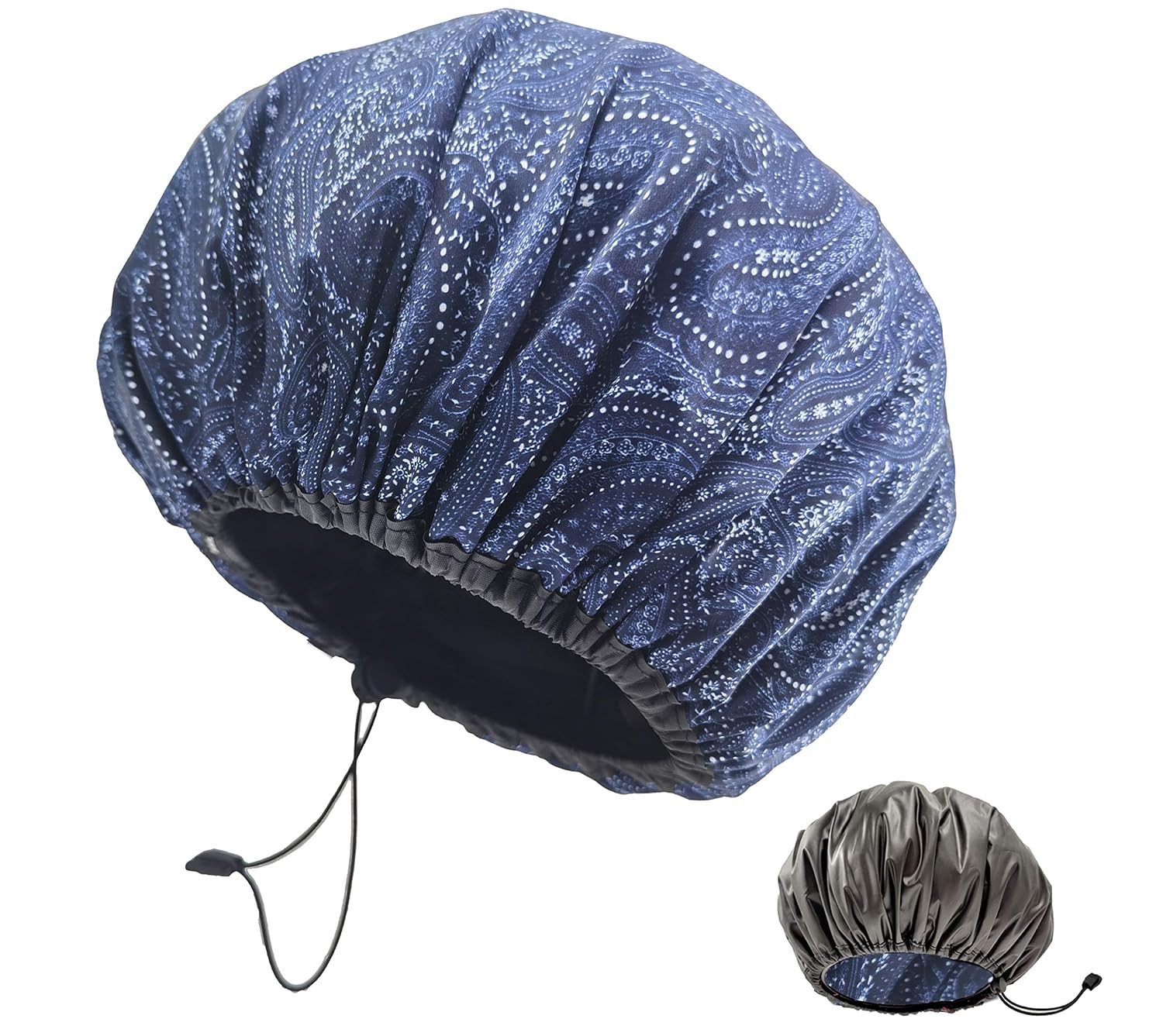 Naee Adjustable Satin Bonnet Cap Hair cover Extra Large Reusable Reversible Shower Cap Waterproof For Women Long Hair Sleep Hat Navy Paisley