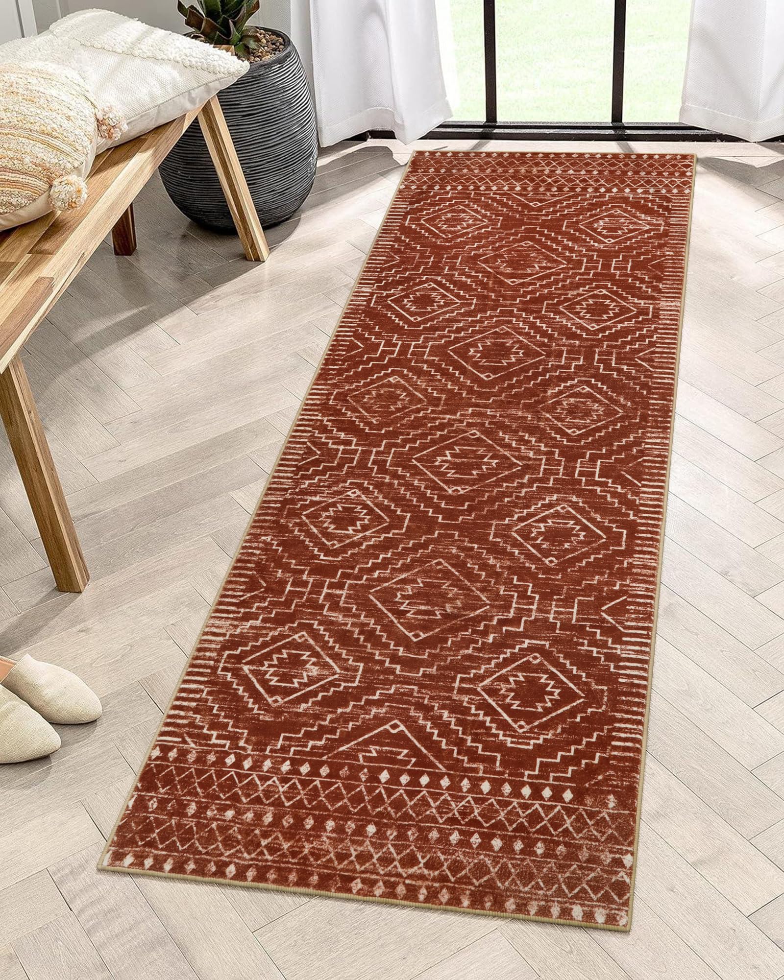 Wonnitar Moroccan Runner Rug 2x6,Washable Hallway Runner Rugs with Rubber Backing,Bohemian Geometric Kitchen Runner Non-Skid Soft Indoor Carpet for Bathroom Laundry Room,Reddish Brown