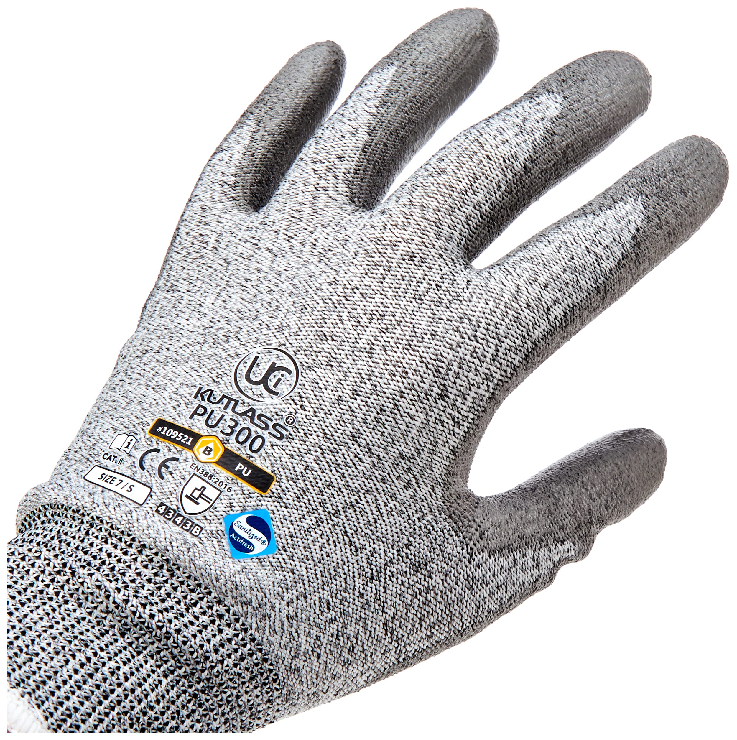 Guanti Lavoro Antitaglio Ultimate Industrial Kutlass PU300/07 - Taglia 7/S, Rivestimento PU, Elevata Destrezza, Grigi