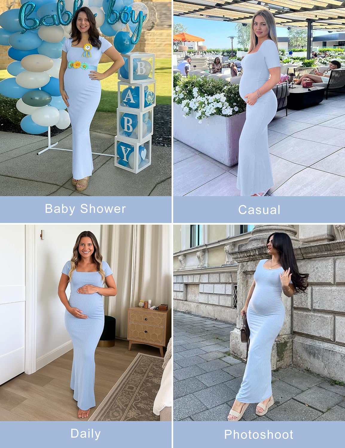 Peauty Maternity Square Neck Bodycon Dress Ribbed Maxi Maternity Dress Photoshoot Short Sleeve Baby Shower Dress - Image 3