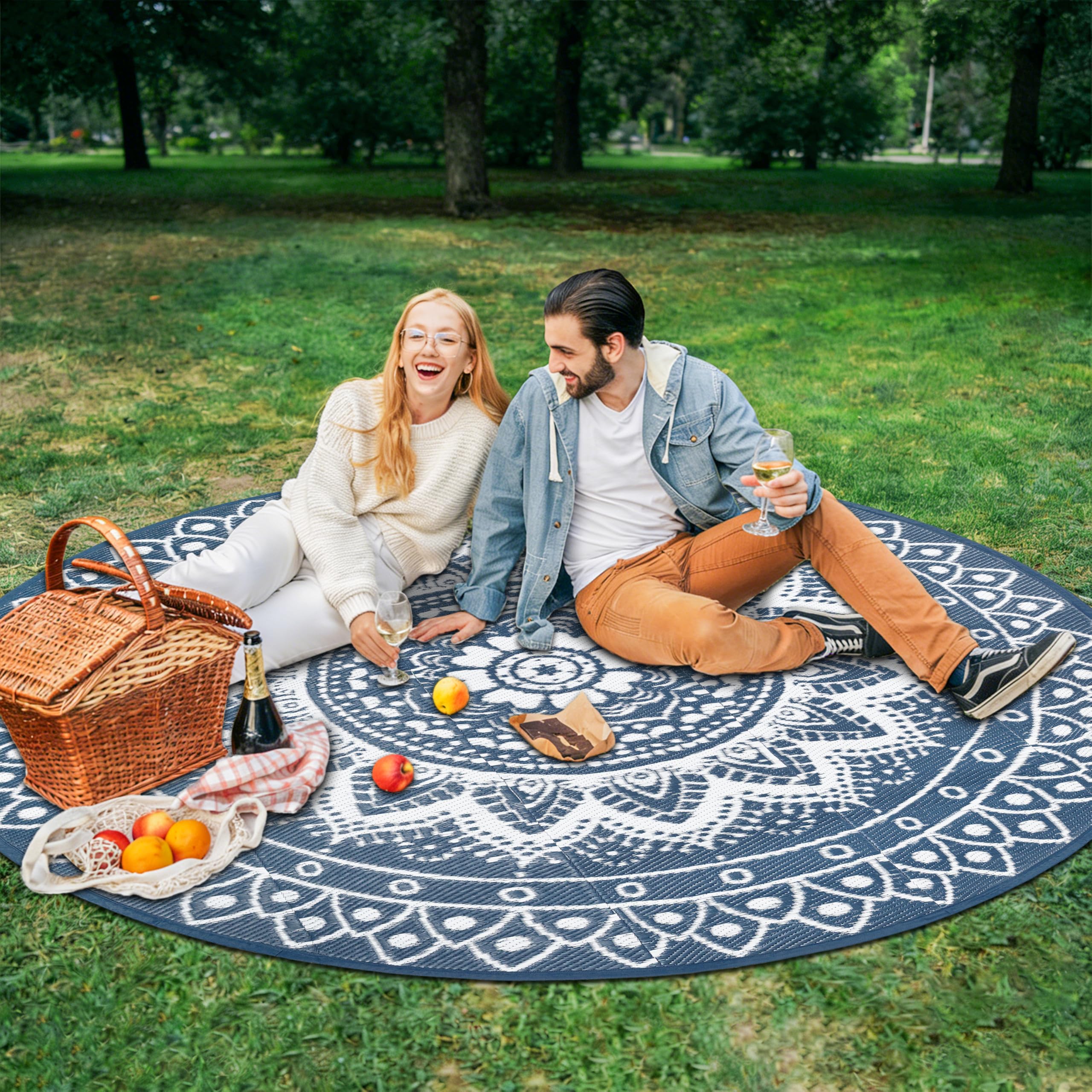 Tapis d'extérieur Rond pour terrasse 240cm réversible imperméable et Pliable bohème pour Camping-carTapis de Pique-Nique et de Camping pour RV, Balcon, Plage, terrasse, Bleu/Blanc