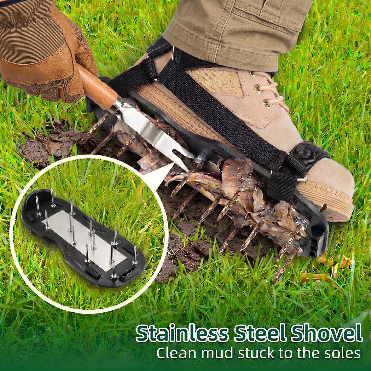 Lawn Aerator Shoes Pre-Assembled - 26 Heavy Duty Steel Spikes (2.4"), Stainless Steel Base Plate, Adjustable Metal Buckle Straps - Walk Behind Grass Aerator Sandals for Yard Lawn Care