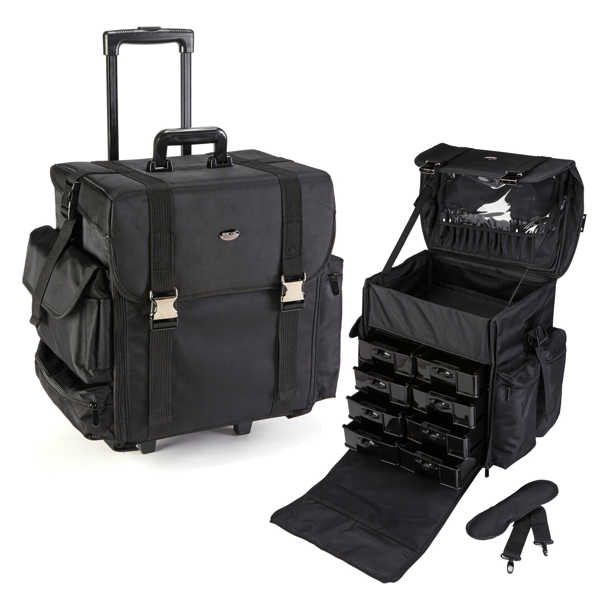Seya 19.5 Inch Black Soft Nylon Professional Artist Rolling Wheeled Trolley Makeup Train Case Cosmetic Organizer W/ 8 Drawers