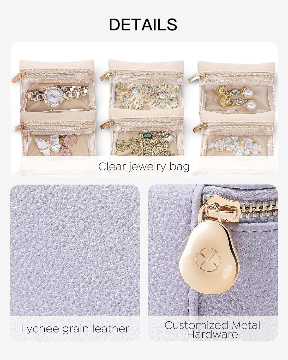 Vlando Travel Jewelry Case Organizer, Small Jewelry Box with 6 Velvet Jewelry Zipper Bags,Christmas Gifts for Women Girls Friends-Purple - Image 3