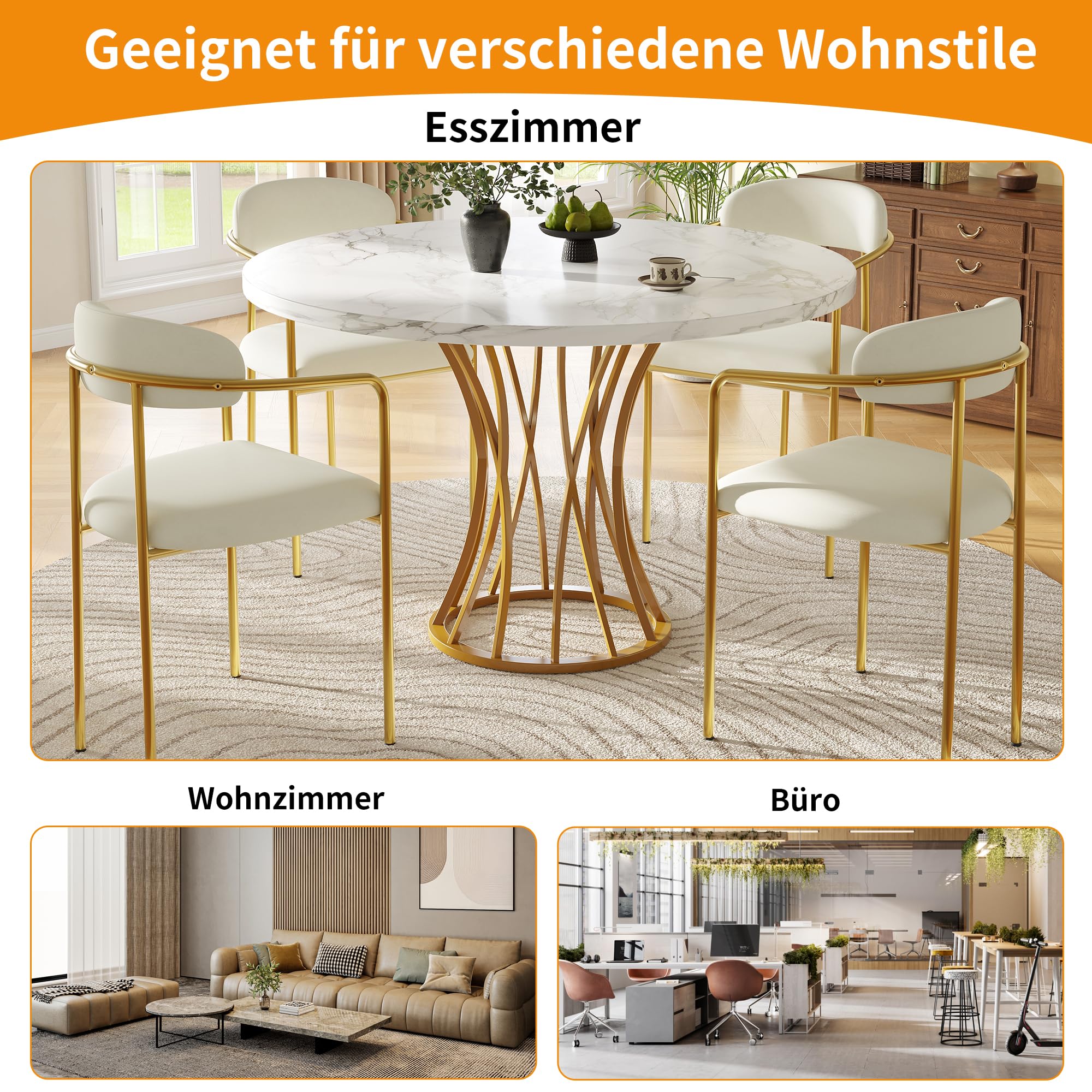 Merax Tavolo da pranzo rotondo 80 x 80 cm, bianco marmo, tavolo da pranzo per 2-4 persone, telaio in metallo, gambe regolabili, design industriale, adatto per ristoranti, soggiorno, cucina, sala da