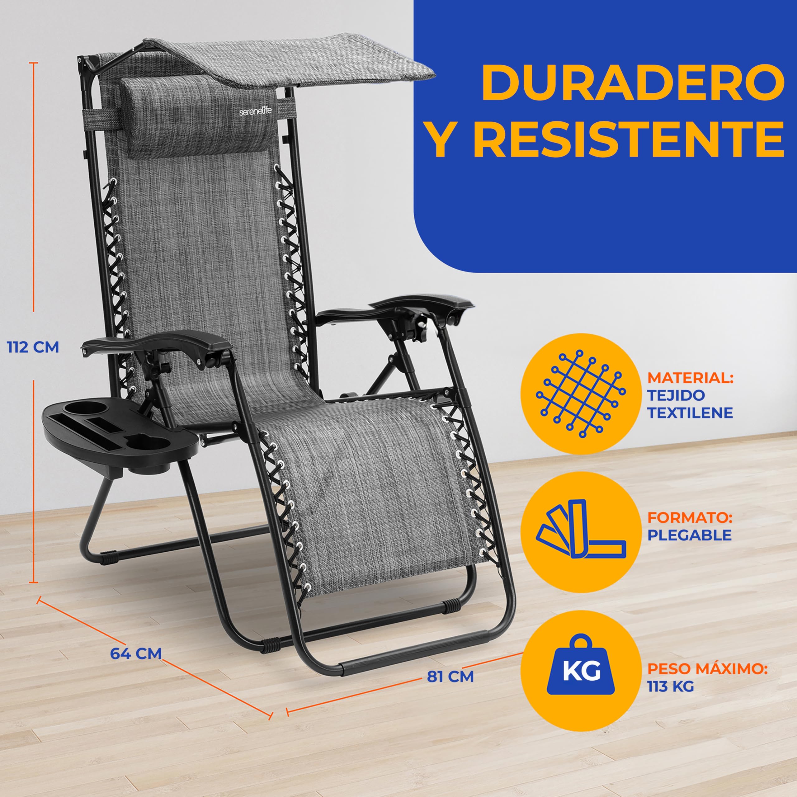 SereneLife Silla reclinable de Jardin, Set de 2, Tumbona, Almohada Desmontable, Bandeja Desmontable para portavasos, Exterior, Patio, Jardin