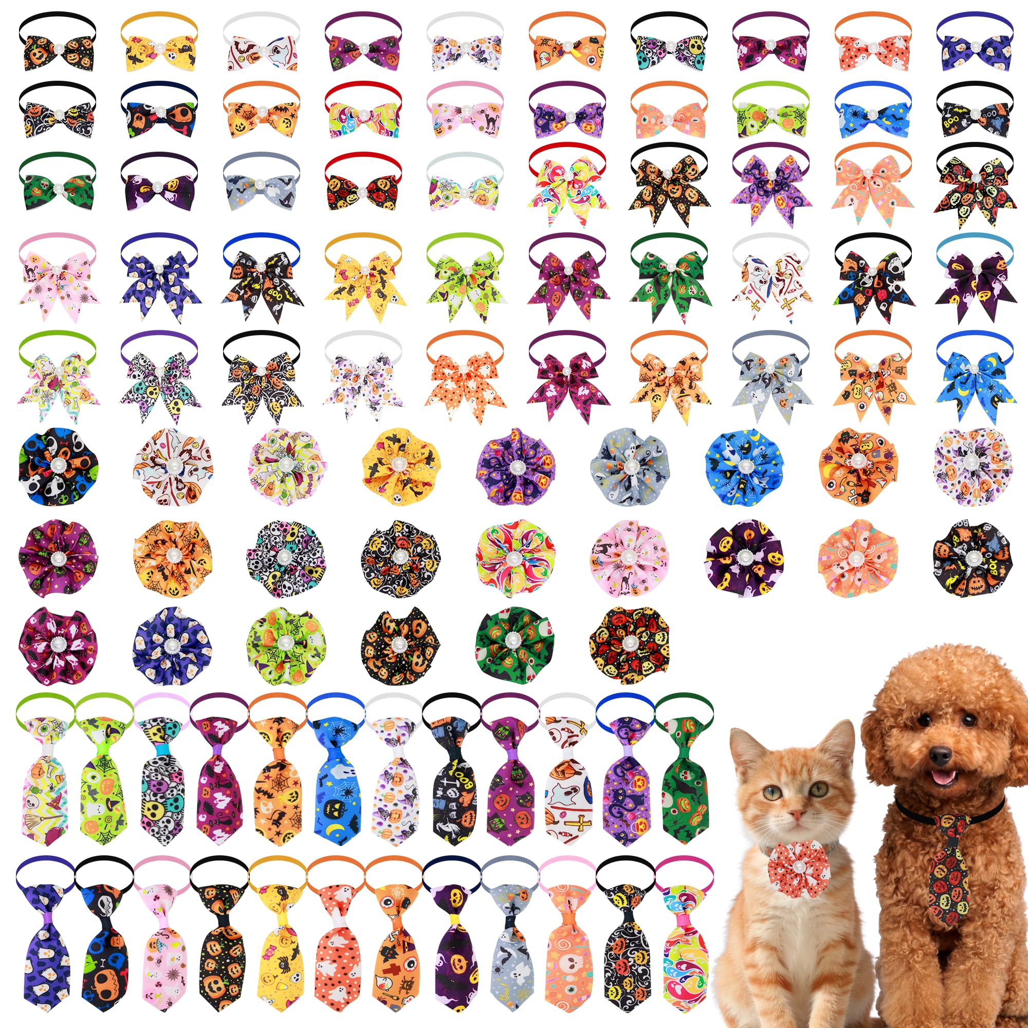 PET SHOW 100pcs Halloween Dog Bow Ties Bulk Adjustable Neckties for Small Medium Dogs Fall Collar Flowers Cats Doggies Bowknot 25 Set Pumpkin Patterns