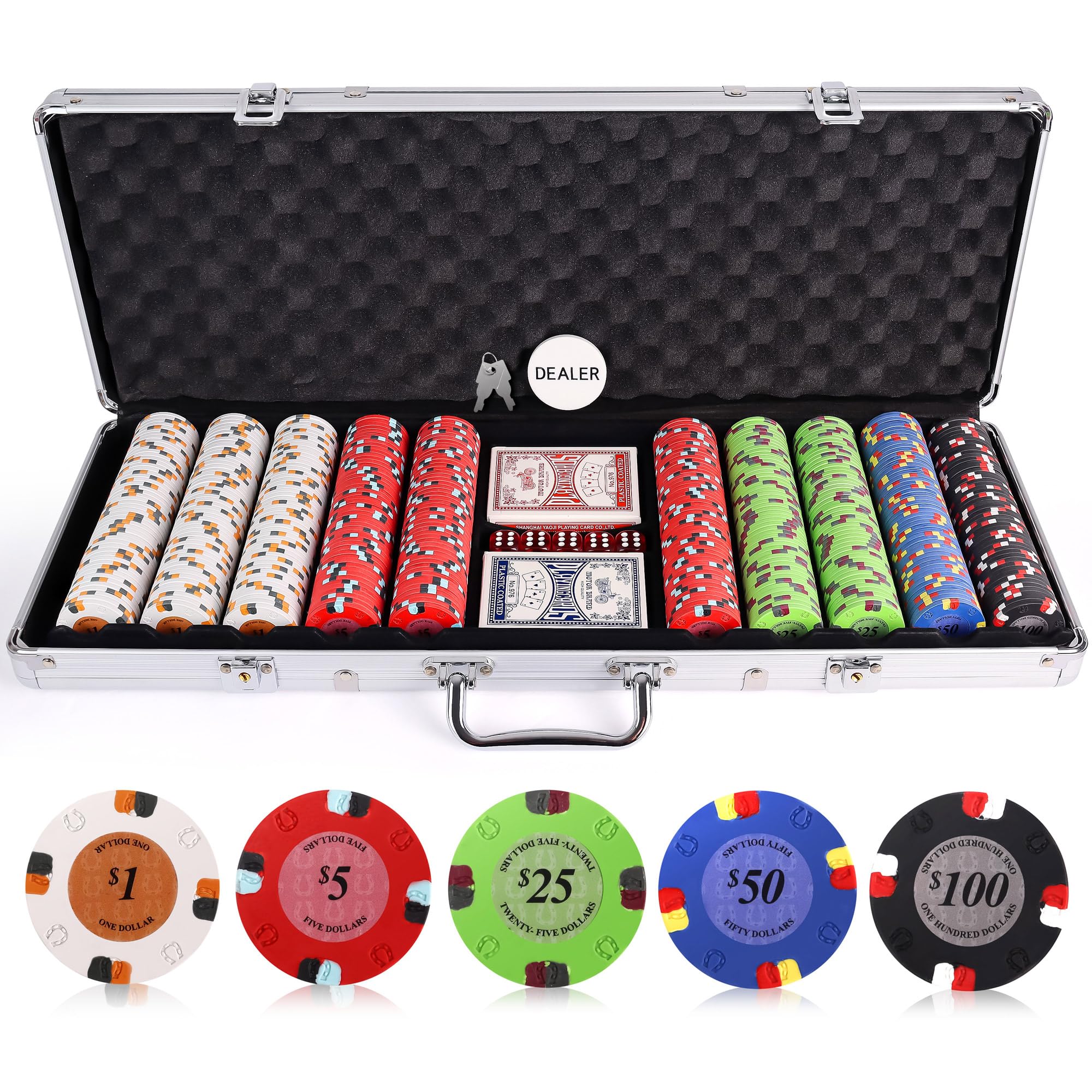 Versa Games 13.5g 500pc Lucky Horseshoe Clay Poker Chips Set - Las Vegas Casino Quality Poker Chips