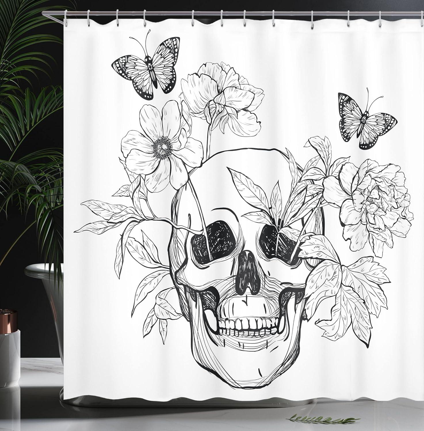Ambesonne Day of The Dead Shower Curtain, Skull with Flower Blooms and Butterflies Vintage Gothic Design Print, Cloth Fabric Bathroom Decor Set with Hooks, 69" W x 75" L, Charcoal Grey White