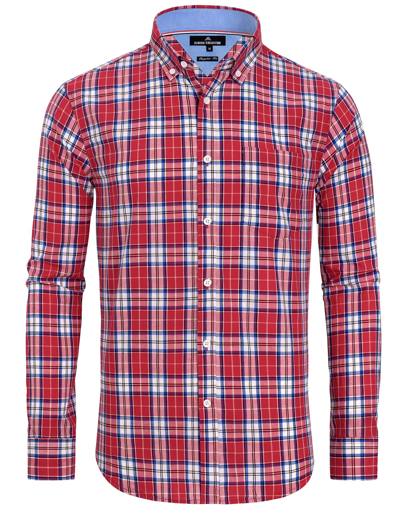 Alimens & Gentle Men's Plaid Button Down Shirts Cotton Long Sleeve Dress Shirts Regular Fit Gingham Shirts, Red, Medium Plaid, 3XL