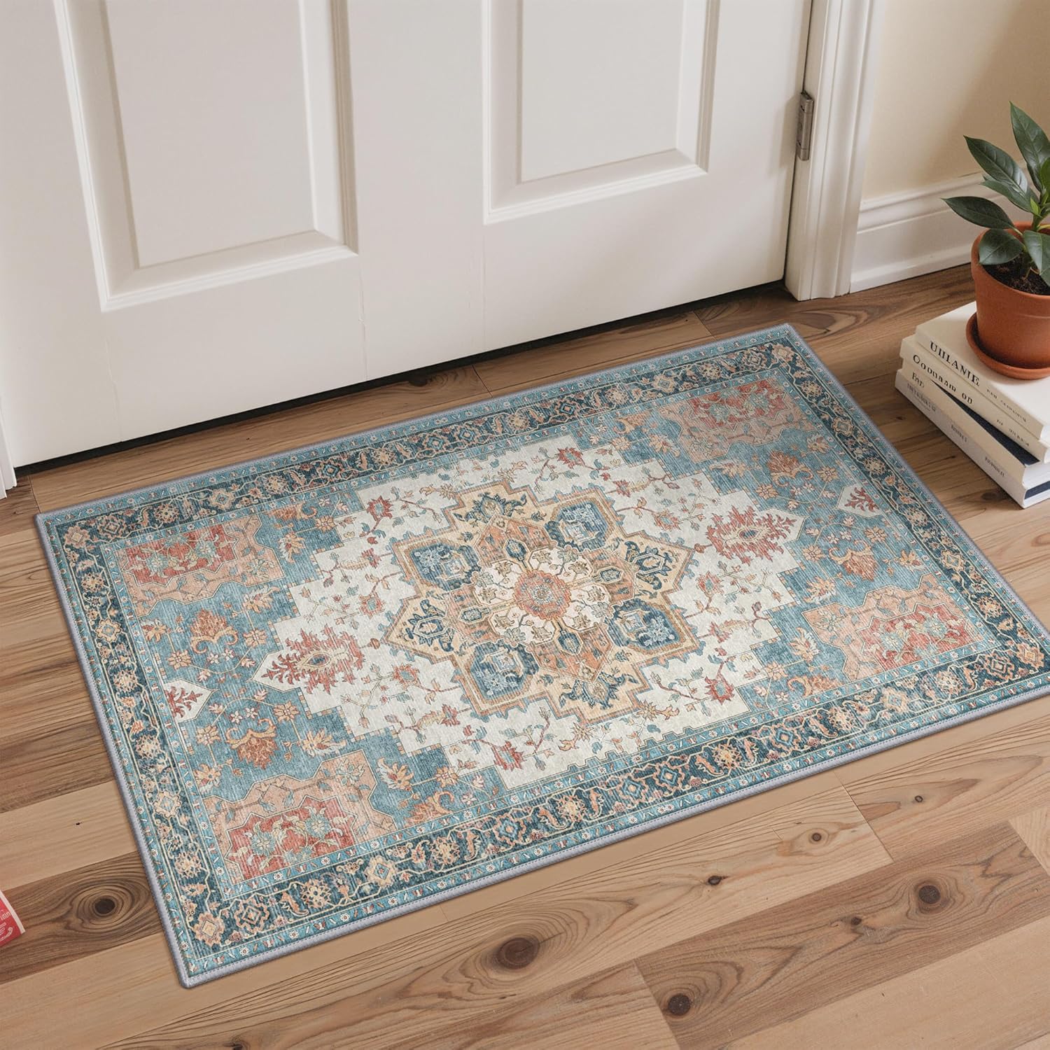 GENIMO Kitchen Rugs Non Slip Washable, 2PCS Kitchen Mats for Floor, Cushioned Standing Mat, Kitchen Runner Rug Floor Mat for Hallway, Laundry, Sink, Entryway, Home, 20"x32"+20"x48", Blue&Salmon