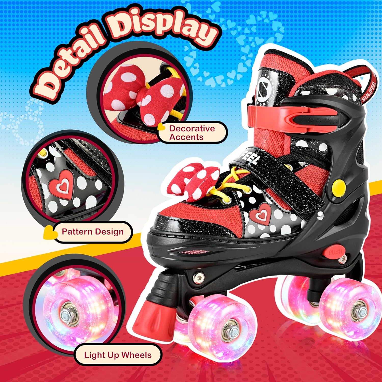 SULIFEEL Roller Skates for Girls Ages 3-12, 4 Sizes Adjustable Kids Quad Skates with Light up Wheels-Birthday Gift for Indoor Outdoor Sports