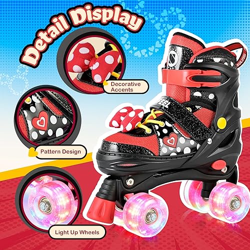 Miniatura 2 de SULIFEEL Patines de ruedas para niñas con lunares y lazo, ruedas iluminadas, 4 tamaños ajustables para niños pequeños, patines principiantes