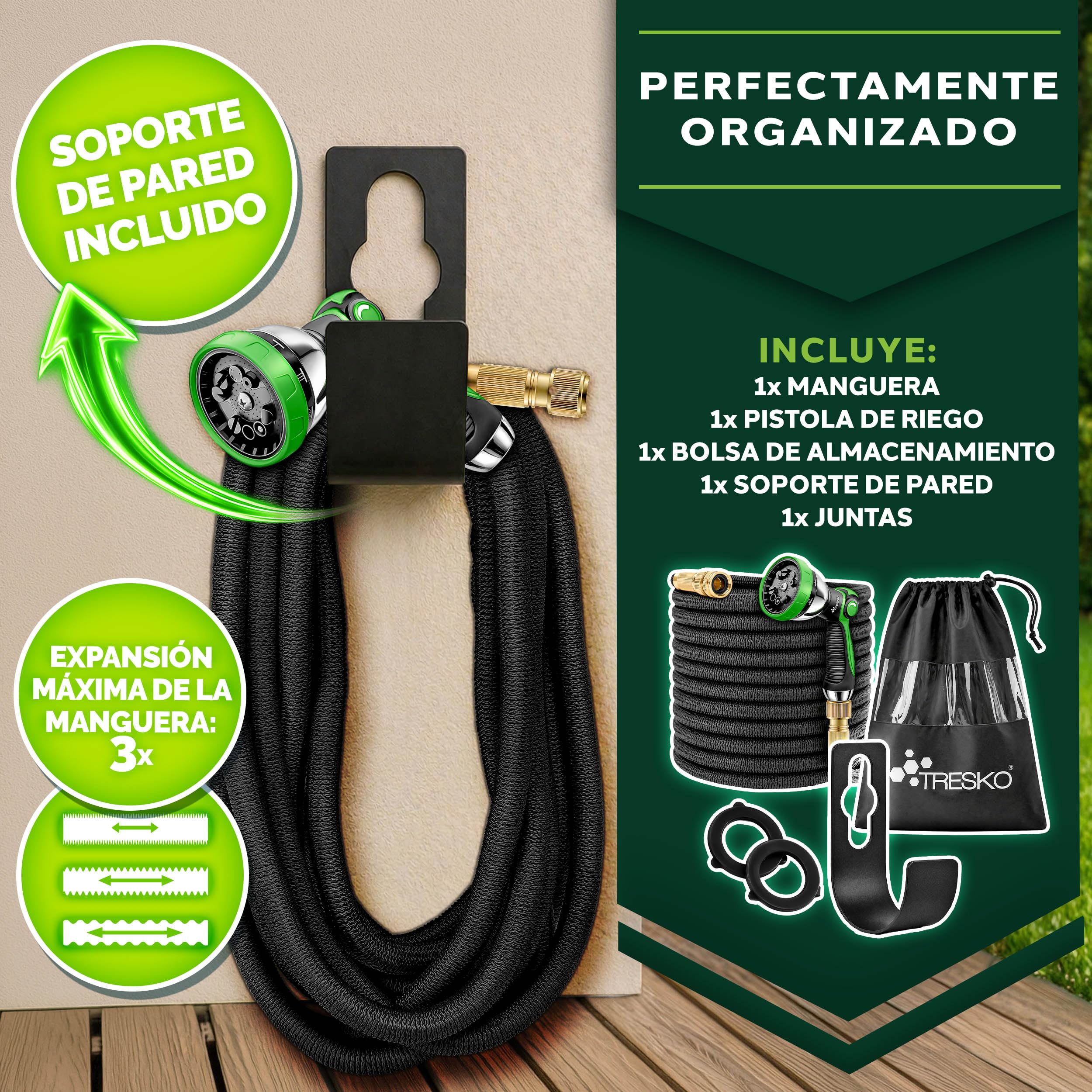 TRESKO® Manguera Flexible de jardín 22.5M, Manguera Flexible con Triple Capa de látex, Manguera de riego Extensible, Manguera con Boquilla multifunción Incl. Colgador de Metal