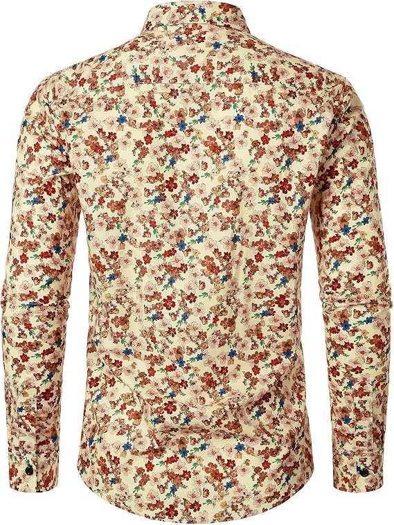 JOGAL Mens 70s Disco Floral Dress Shirt Long Sleeve Button Down Shirts