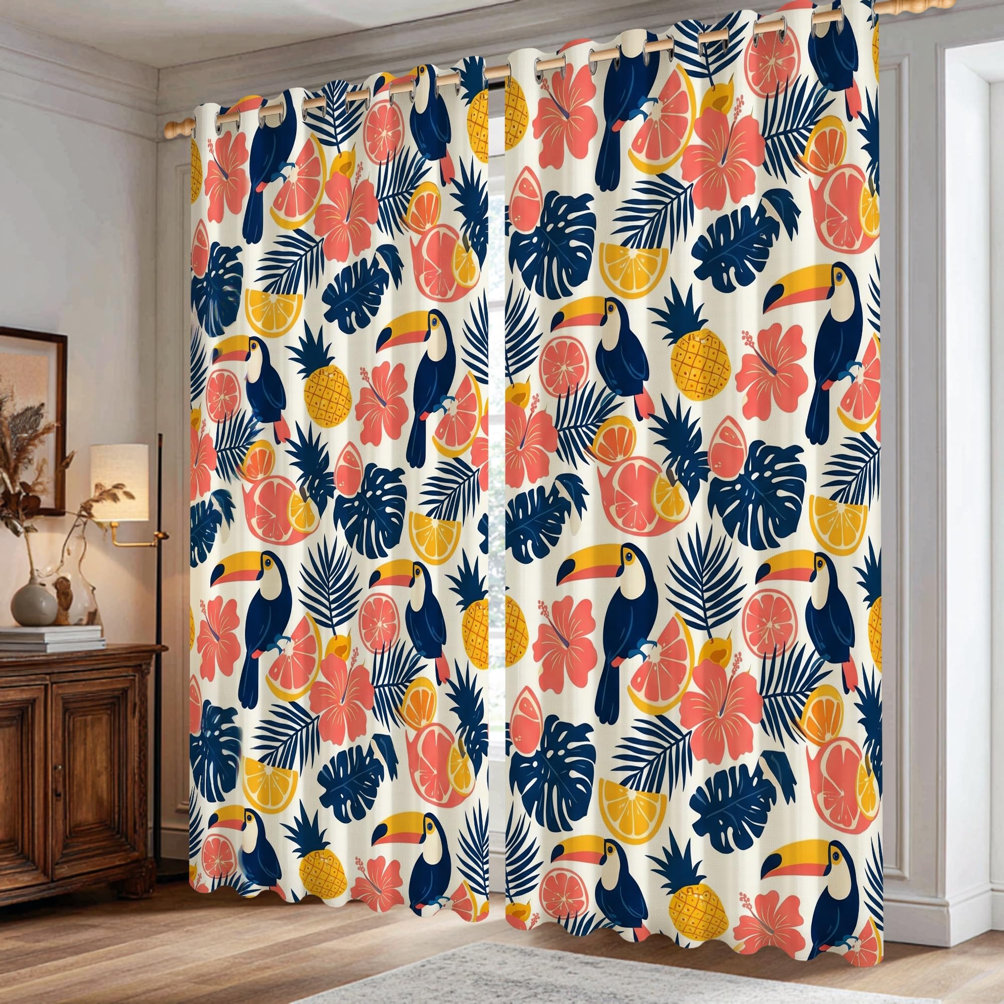 Rideaux occultants toucan pour salon et cuisine : ambiance exotique bleu marine 106x183cm