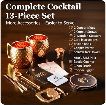 COPPER-BAR Moscow Mule Copper Mugs - Unique HANDCRAFTED Gift Set of 2, Hammered by Artisan, 100% Pure Solid Copper Cups 16oz for Drinking Water & Cocktails, Include 13 Pcs accessories & Special Opener