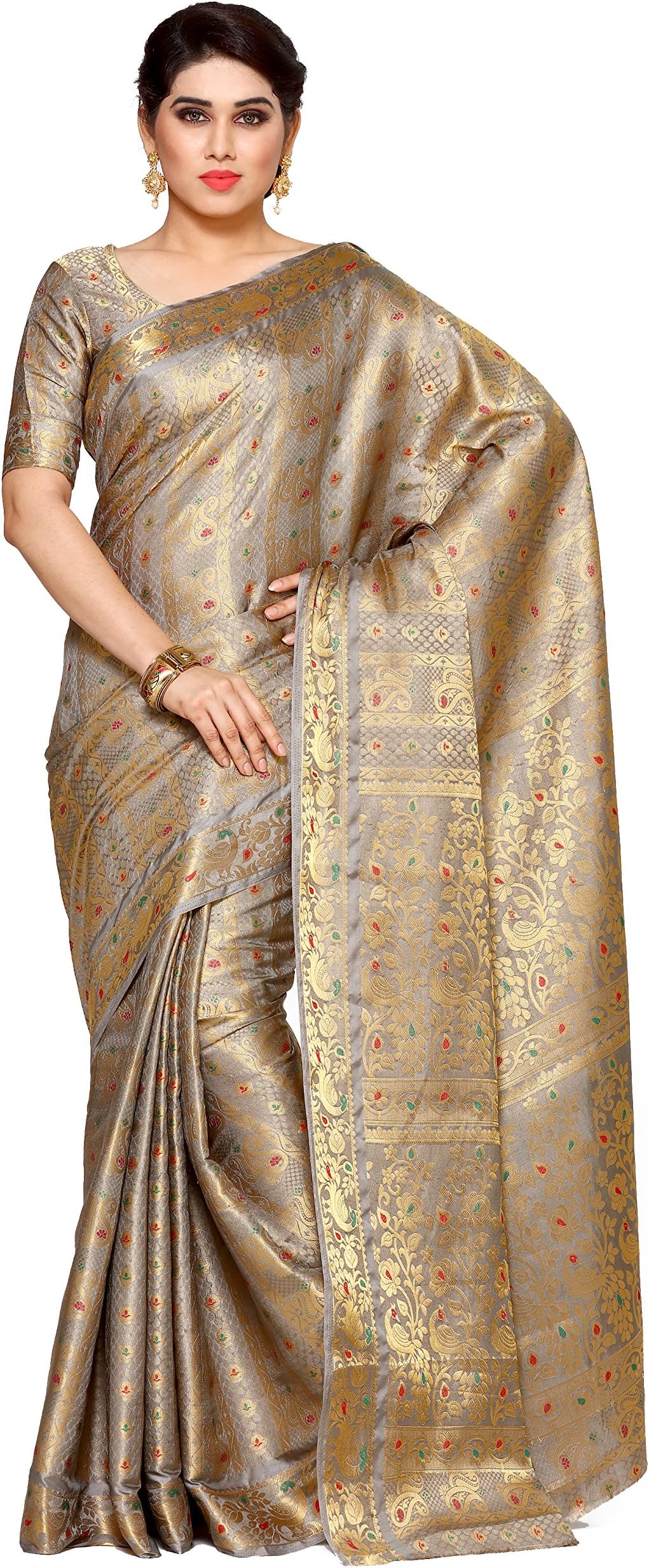 Kupinda Women's Artificial Silk Saree Kanjivaram Style Color:Taupe (4106-220-SD-GREY)