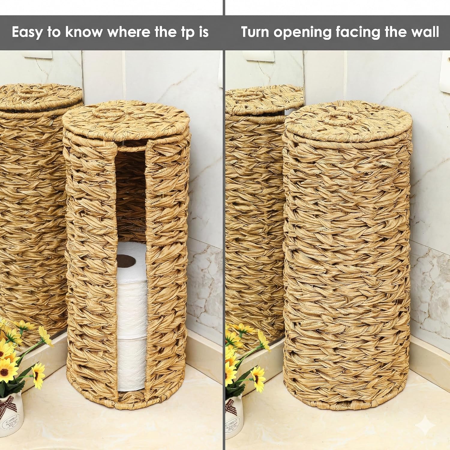 4 Mega Rolls Extra Toilet Paper Storage with Lid, Waterproof Plastic Wicker Toilet Paper Holder Basket Stand, Decorative Boho Covered Enclosed Toilet Tissue Organizer for Bathroom, Natural